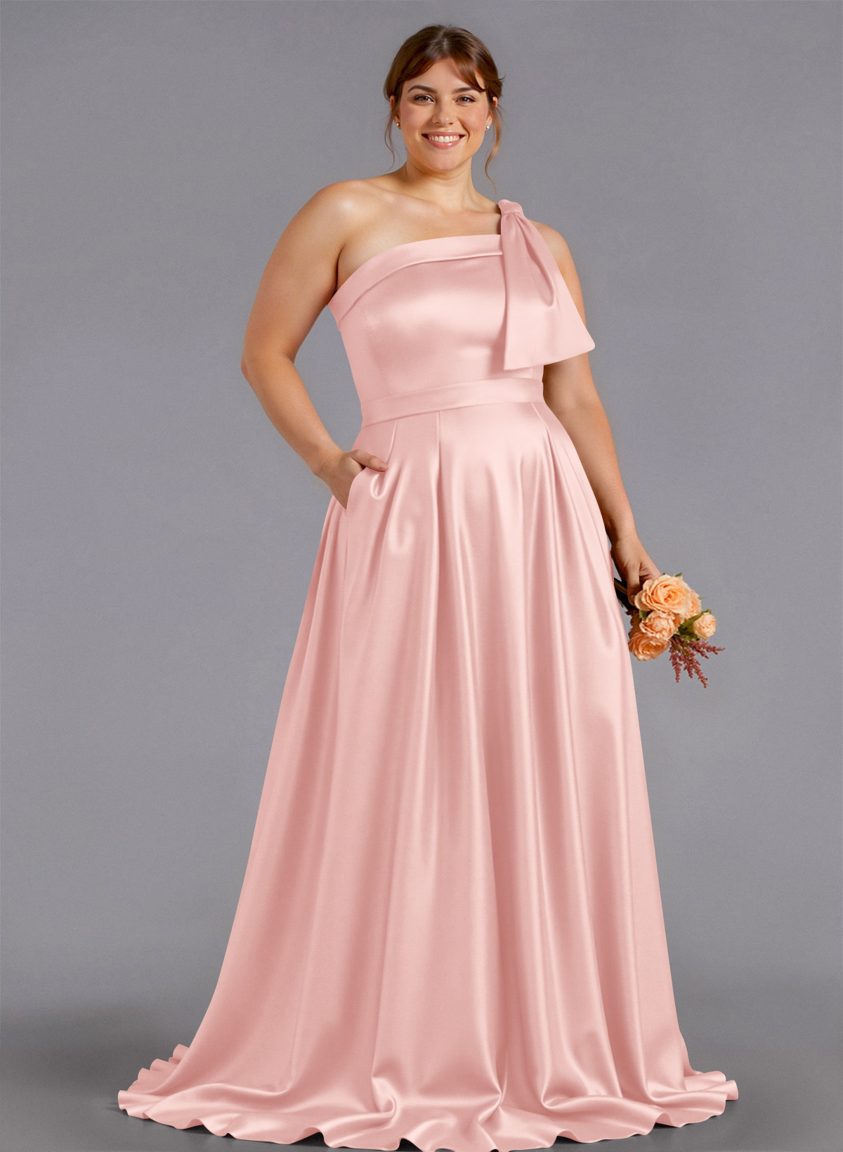 Classy Bow(s) One-Shoulder A-Line Sweep Train Satin Bridesmaid Dresses With Pockets, product image 232