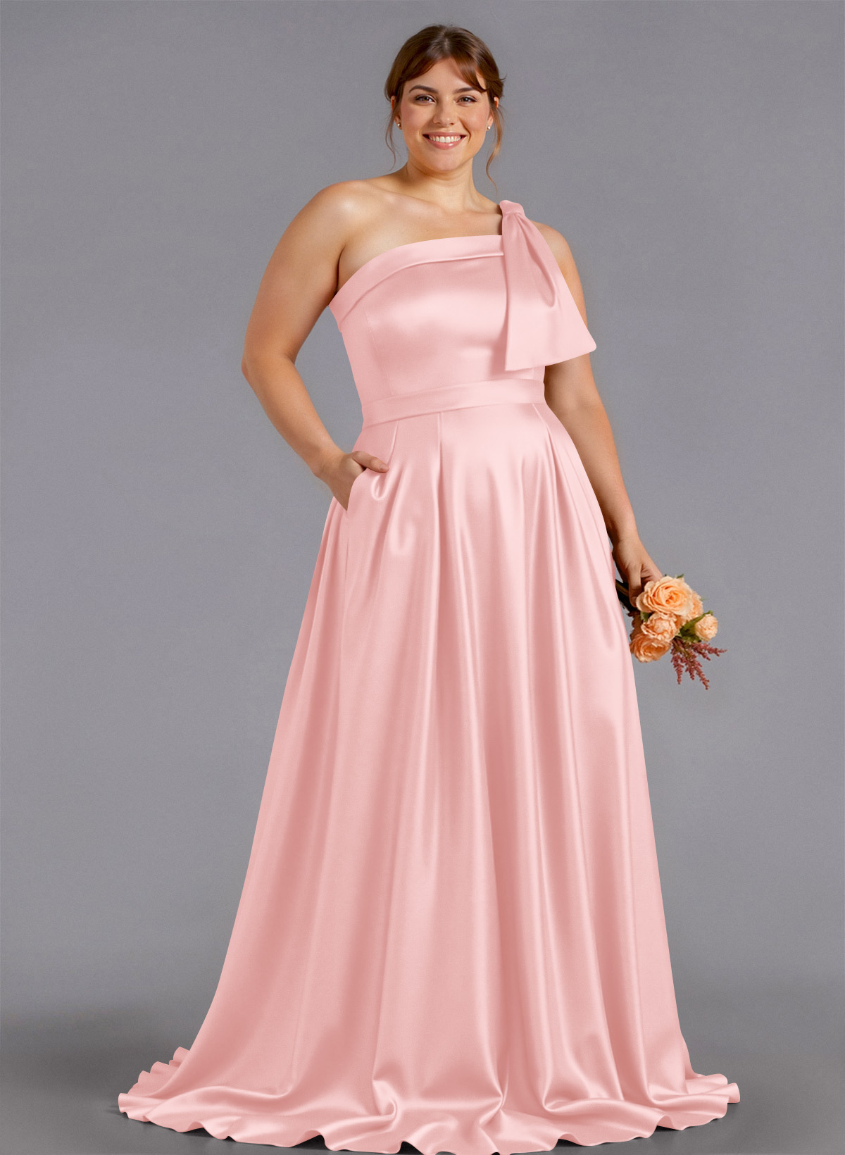 Classy Bow(s) One-Shoulder A-Line Sweep Train Satin Bridesmaid Dresses With Pockets, product image 228