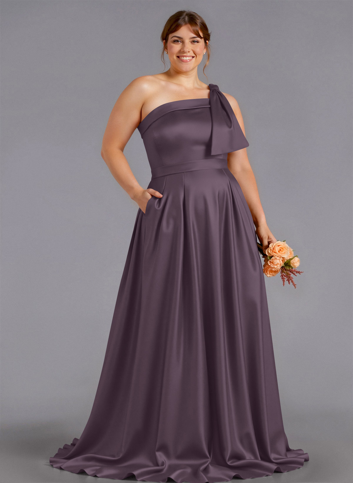 Classy Bow(s) One-Shoulder A-Line Sweep Train Satin Bridesmaid Dresses With Pockets, product image 156