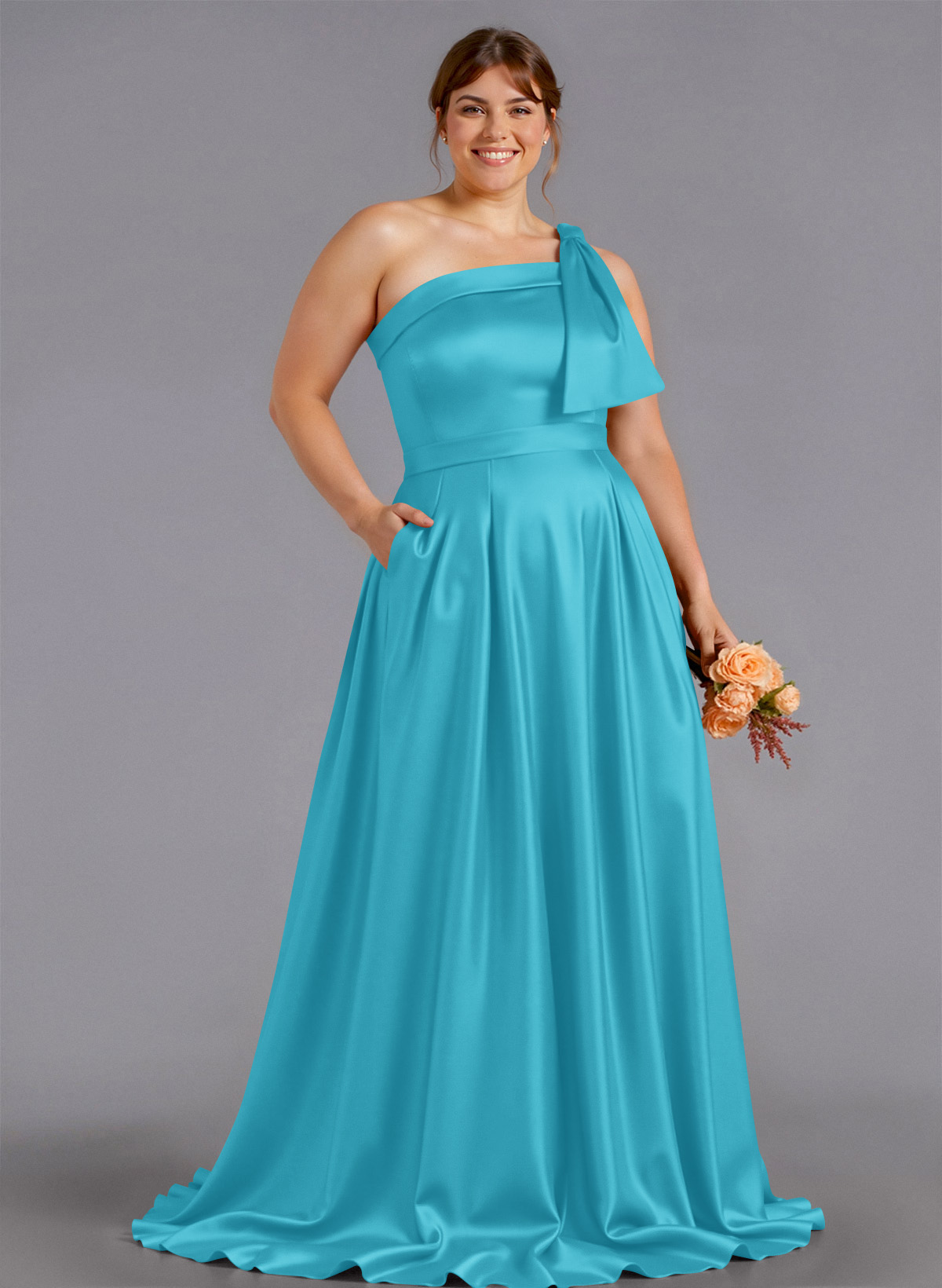 Classy Bow(s) One-Shoulder A-Line Sweep Train Satin Bridesmaid Dresses With Pockets, product image 256