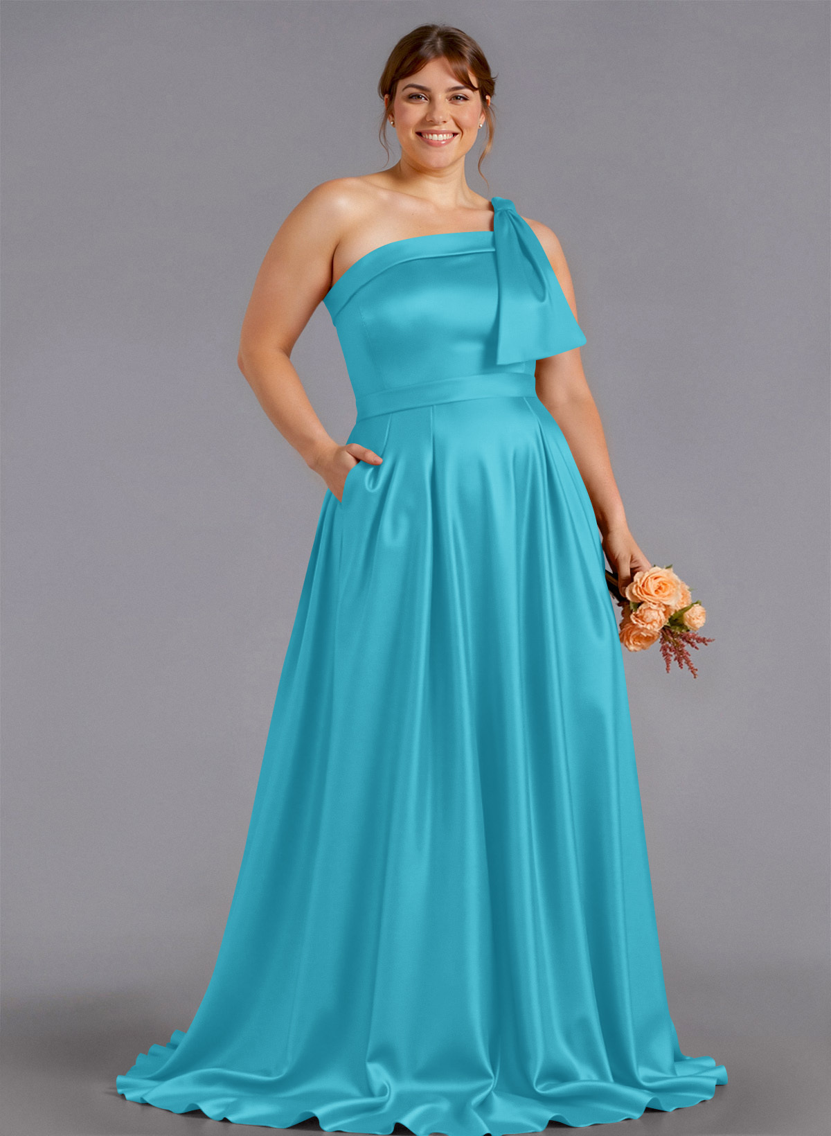 Classy Bow(s) One-Shoulder A-Line Sweep Train Satin Bridesmaid Dresses With Pockets, product image 256