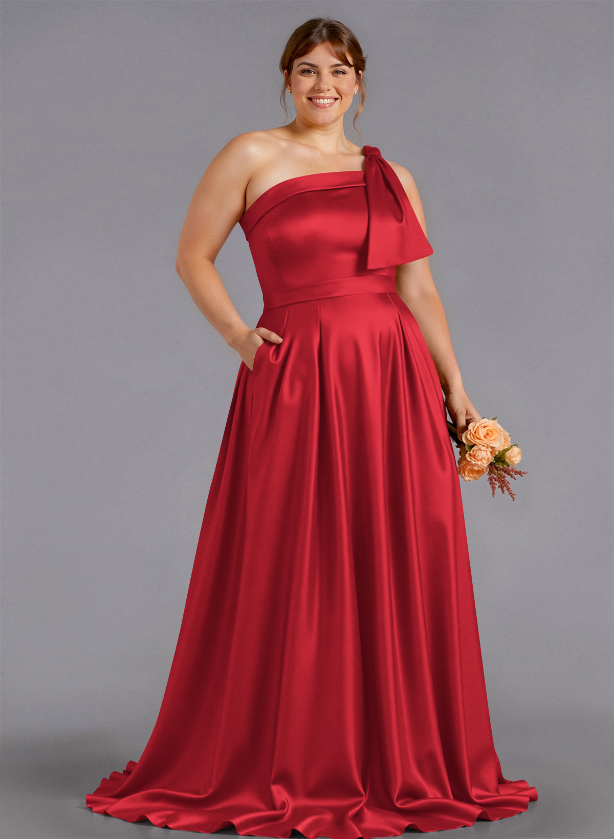 Classy Bow(s) One-Shoulder A-Line Sweep Train Satin Bridesmaid Dresses With Pockets, product image 240