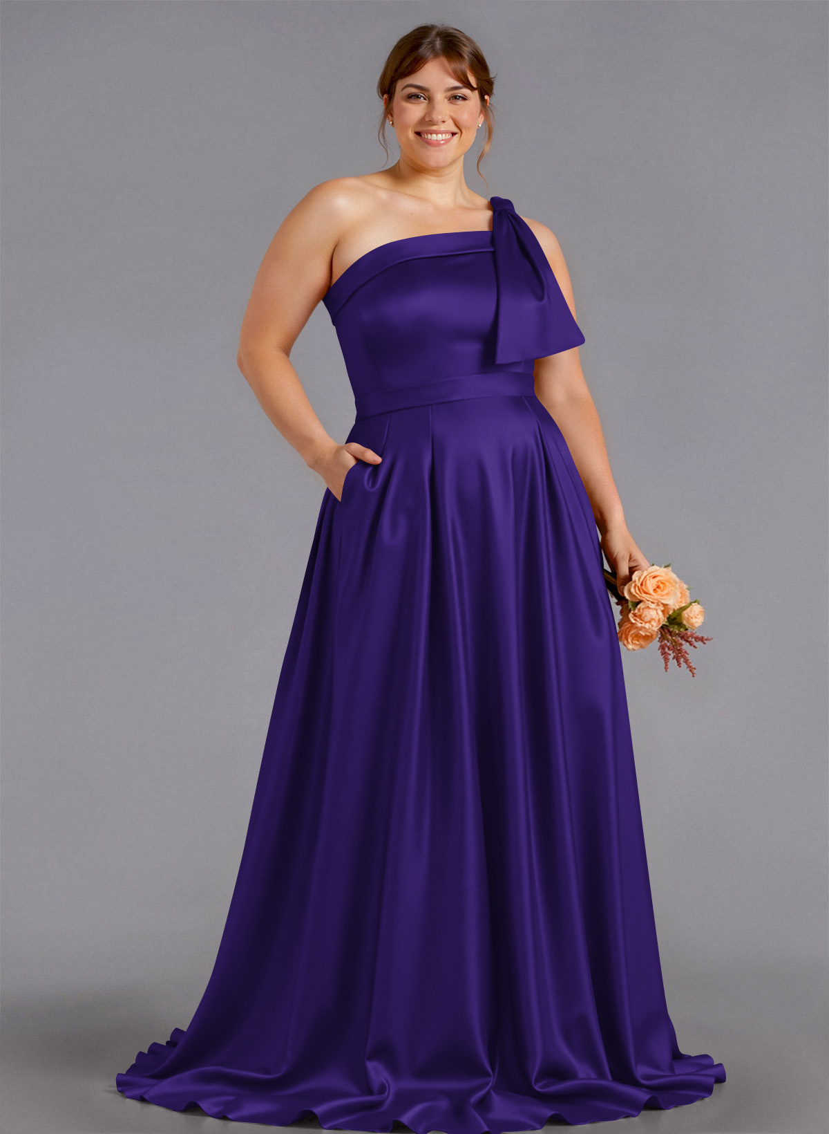 Classy Bow(s) One-Shoulder A-Line Sweep Train Satin Bridesmaid Dresses With Pockets, product image 200