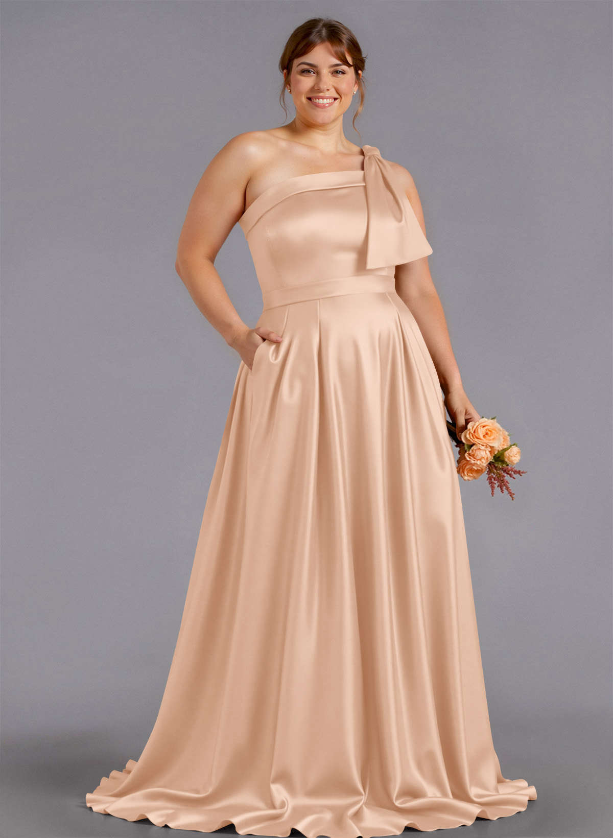 Classy Bow(s) One-Shoulder A-Line Sweep Train Satin Bridesmaid Dresses With Pockets, product image 148