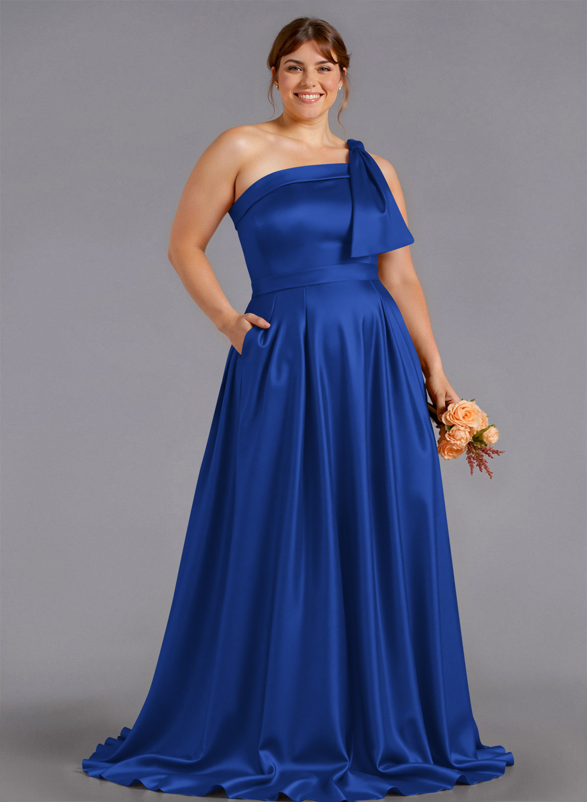 Classy Bow(s) One-Shoulder A-Line Sweep Train Satin Bridesmaid Dresses With Pockets, product image 260
