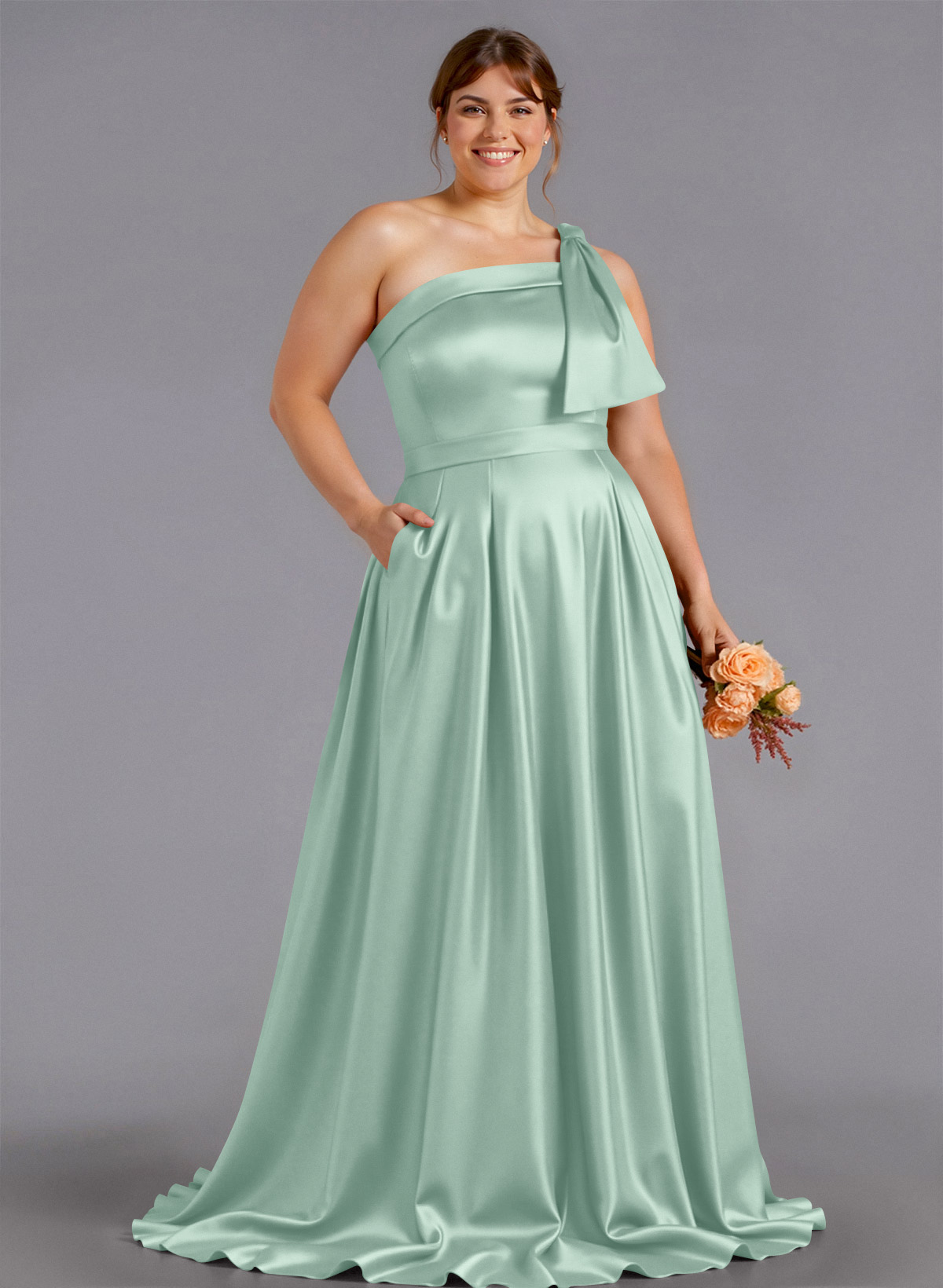 Classy Bow(s) One-Shoulder A-Line Sweep Train Satin Bridesmaid Dresses With Pockets, product image 188
