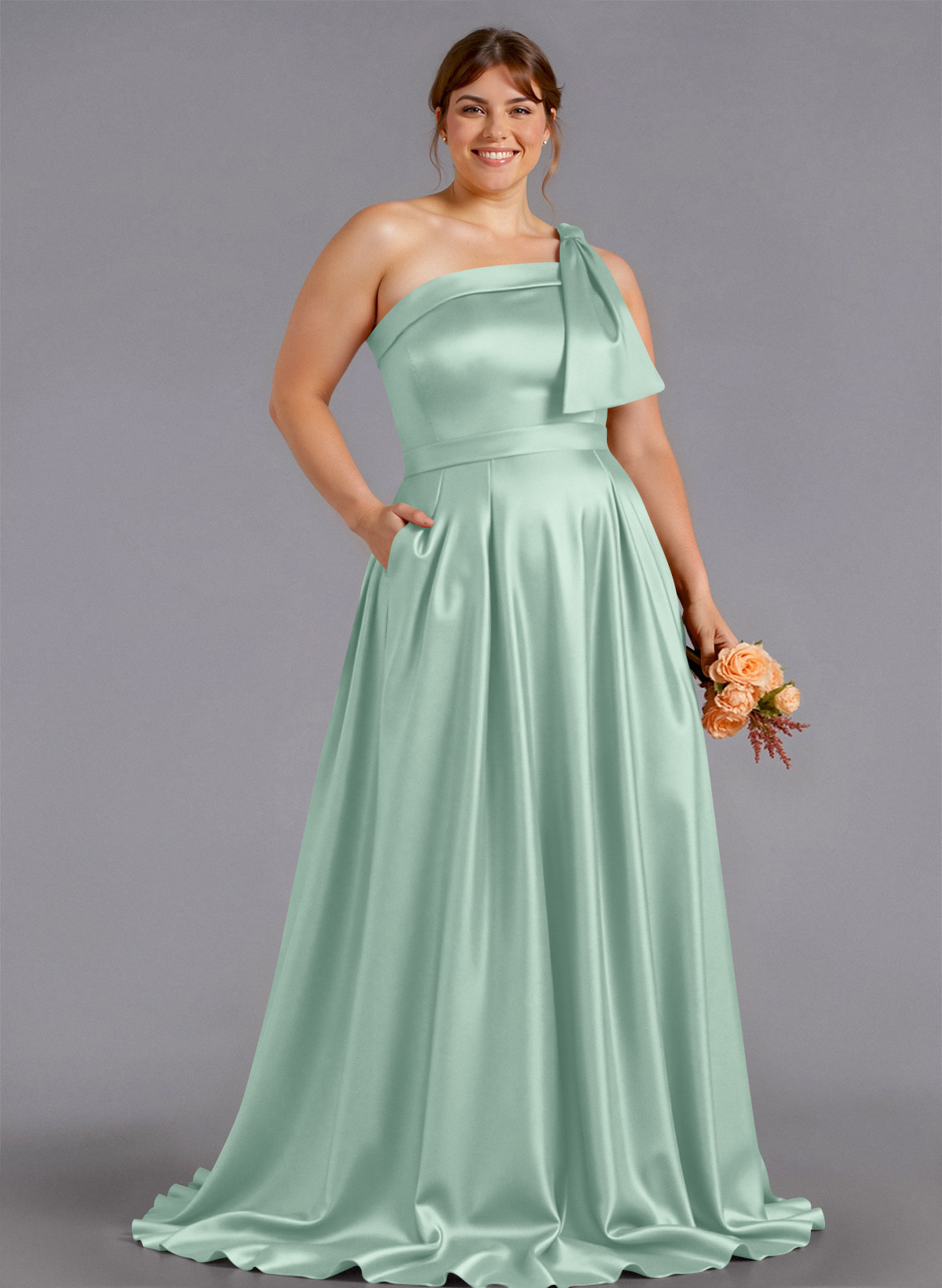Classy Bow(s) One-Shoulder A-Line Sweep Train Satin Bridesmaid Dresses With Pockets, product image 188