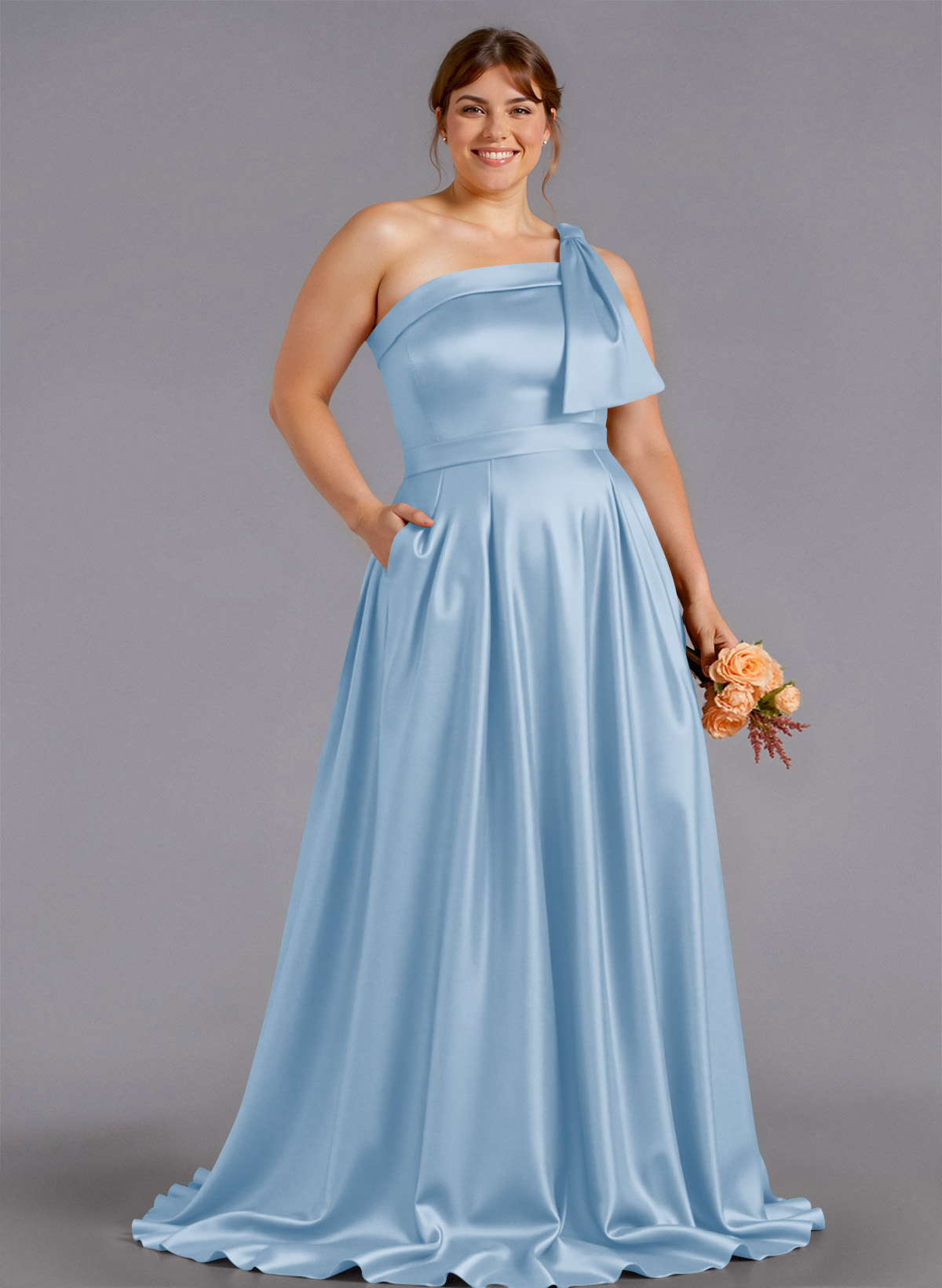 Classy Bow(s) One-Shoulder A-Line Sweep Train Satin Bridesmaid Dresses With Pockets, product image 252