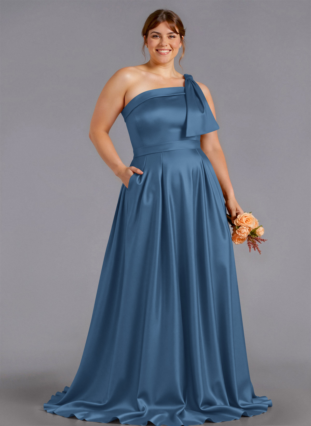 Classy Bow(s) One-Shoulder A-Line Sweep Train Satin Bridesmaid Dresses With Pockets, product image 266