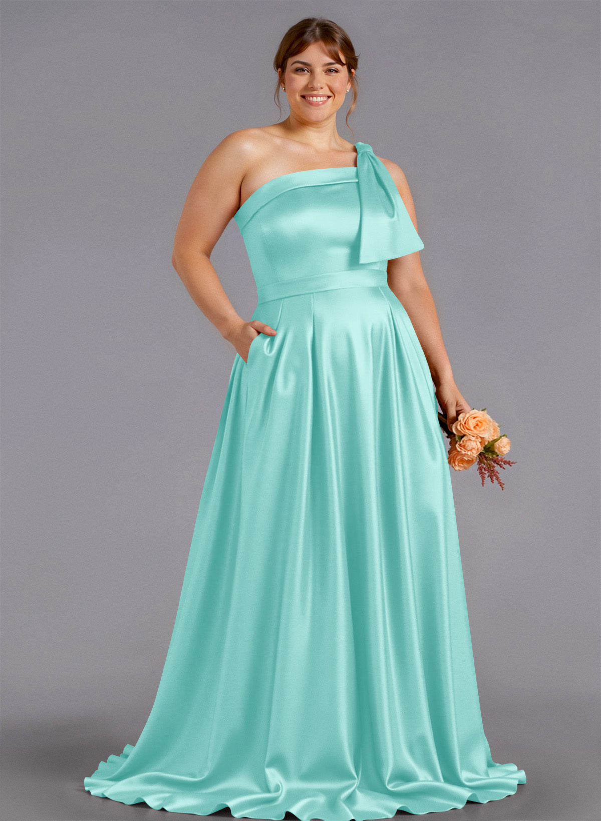 Classy Bow(s) One-Shoulder A-Line Sweep Train Satin Bridesmaid Dresses With Pockets, product image 184