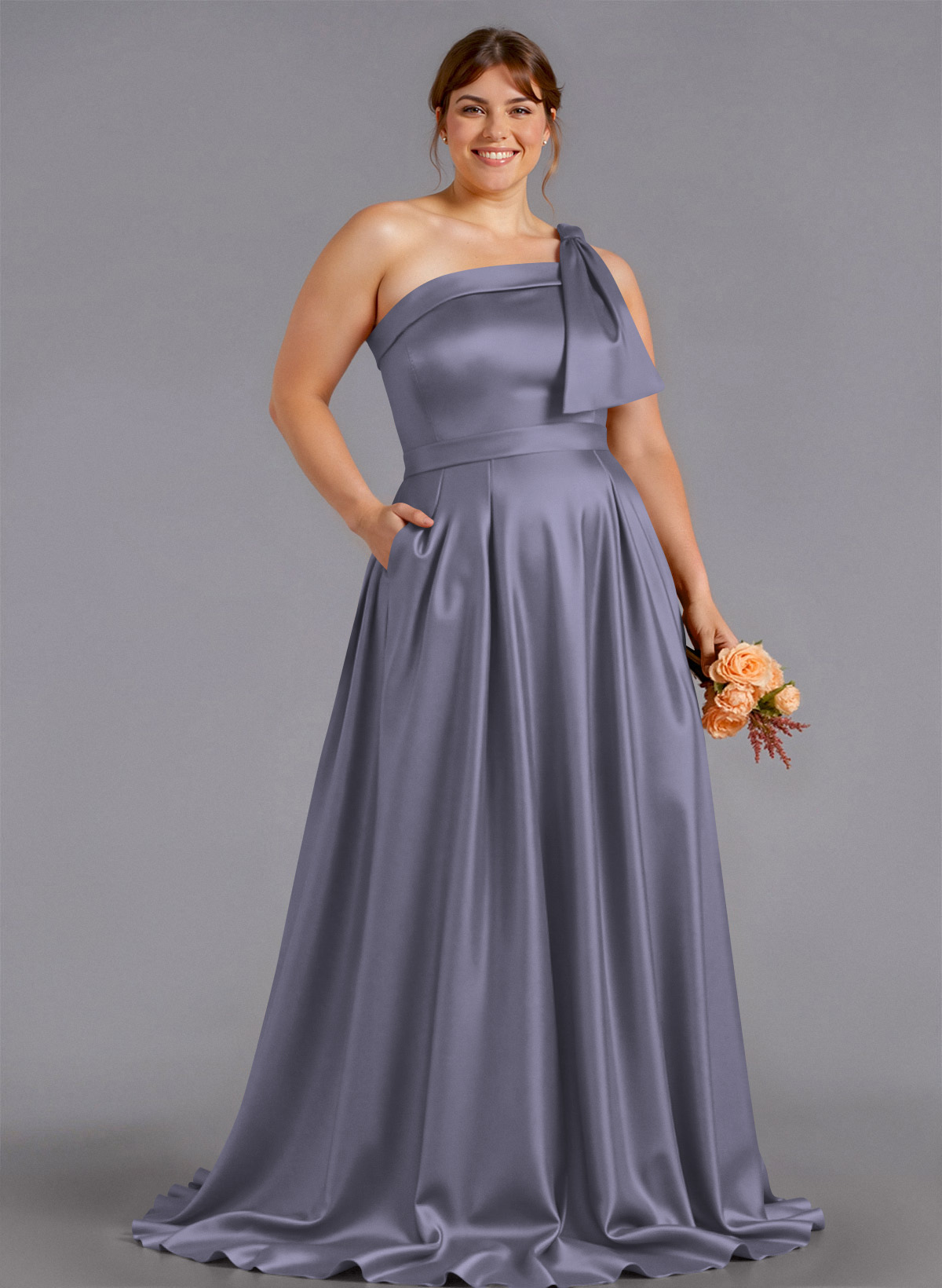 Classy Bow(s) One-Shoulder A-Line Sweep Train Satin Bridesmaid Dresses With Pockets, product image 264