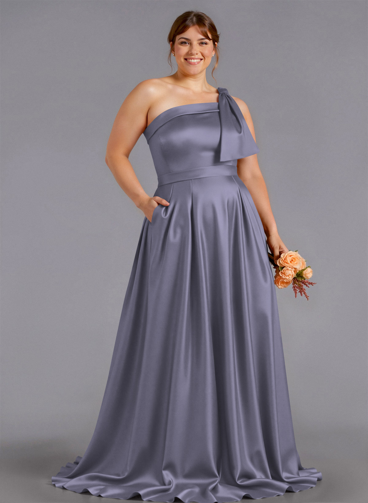 Classy Bow(s) One-Shoulder A-Line Sweep Train Satin Bridesmaid Dresses With Pockets, product image 264