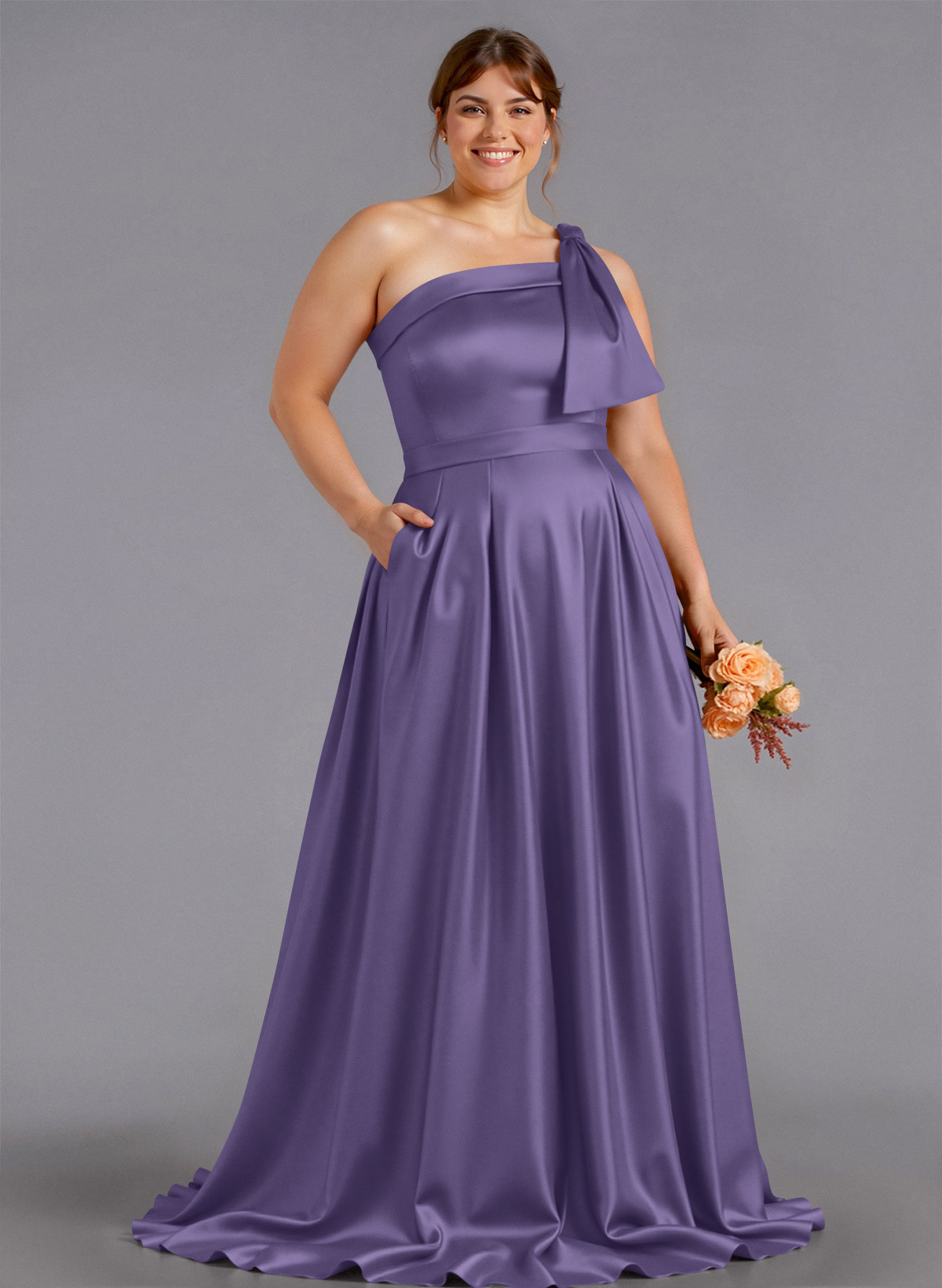 Classy Bow(s) One-Shoulder A-Line Sweep Train Satin Bridesmaid Dresses With Pockets, product image 208
