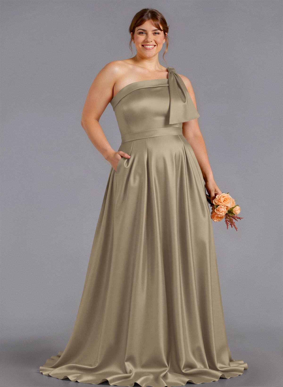 Classy Bow(s) One-Shoulder A-Line Sweep Train Satin Bridesmaid Dresses With Pockets, product image 180
