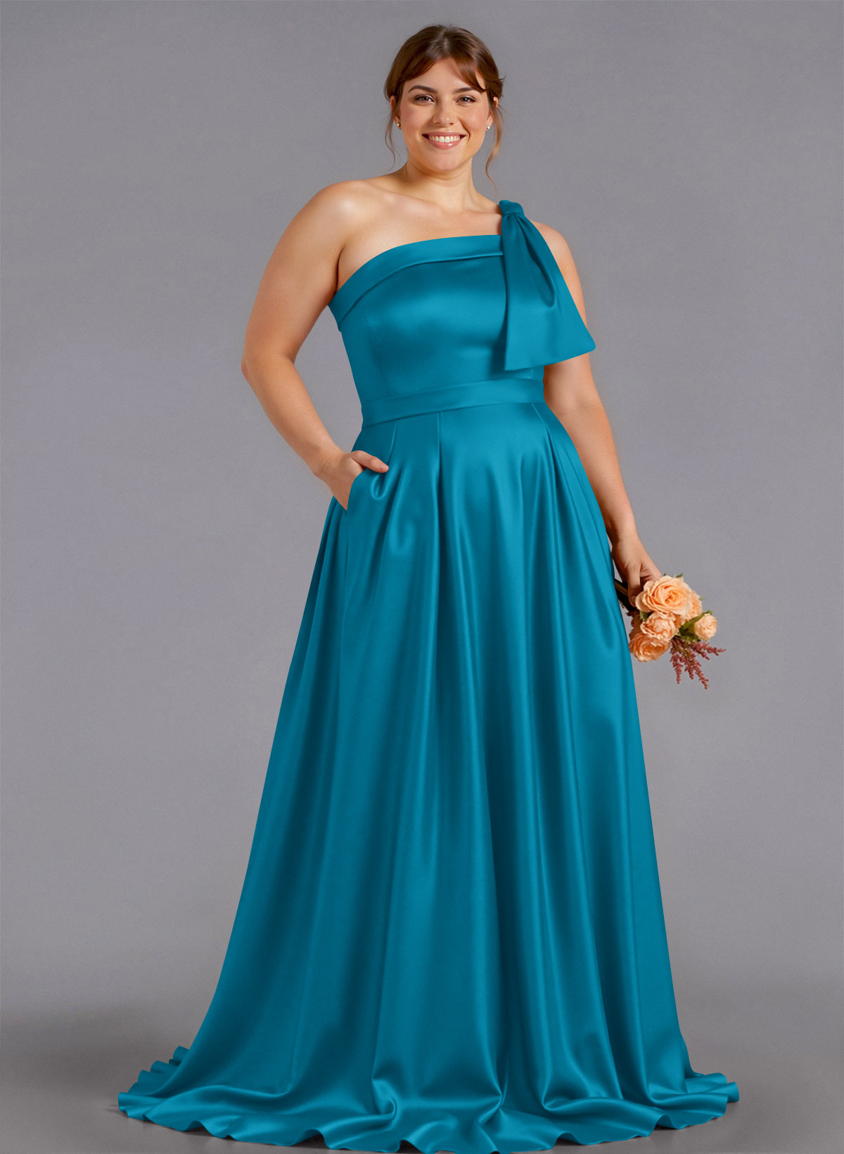 Classy Bow(s) One-Shoulder A-Line Sweep Train Satin Bridesmaid Dresses With Pockets, product image 140