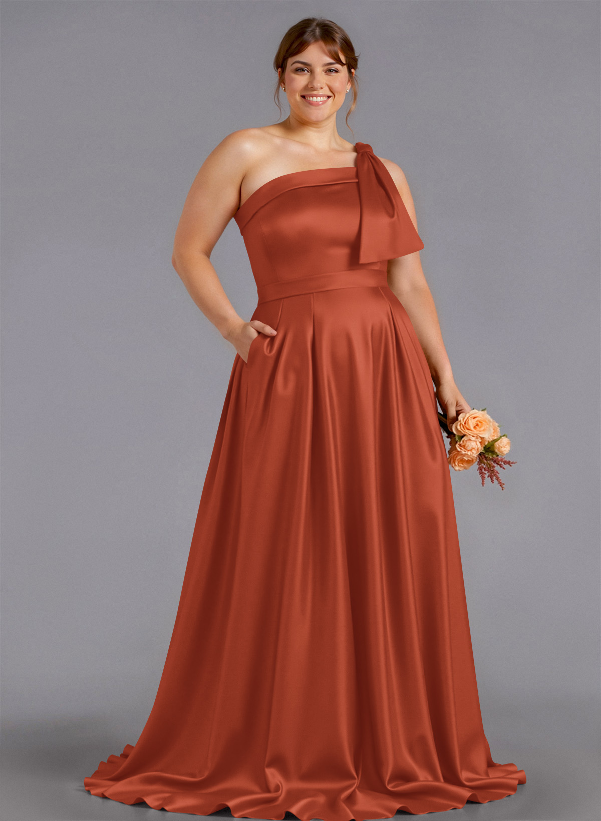 Classy Bow(s) One-Shoulder A-Line Sweep Train Satin Bridesmaid Dresses With Pockets, product image 142