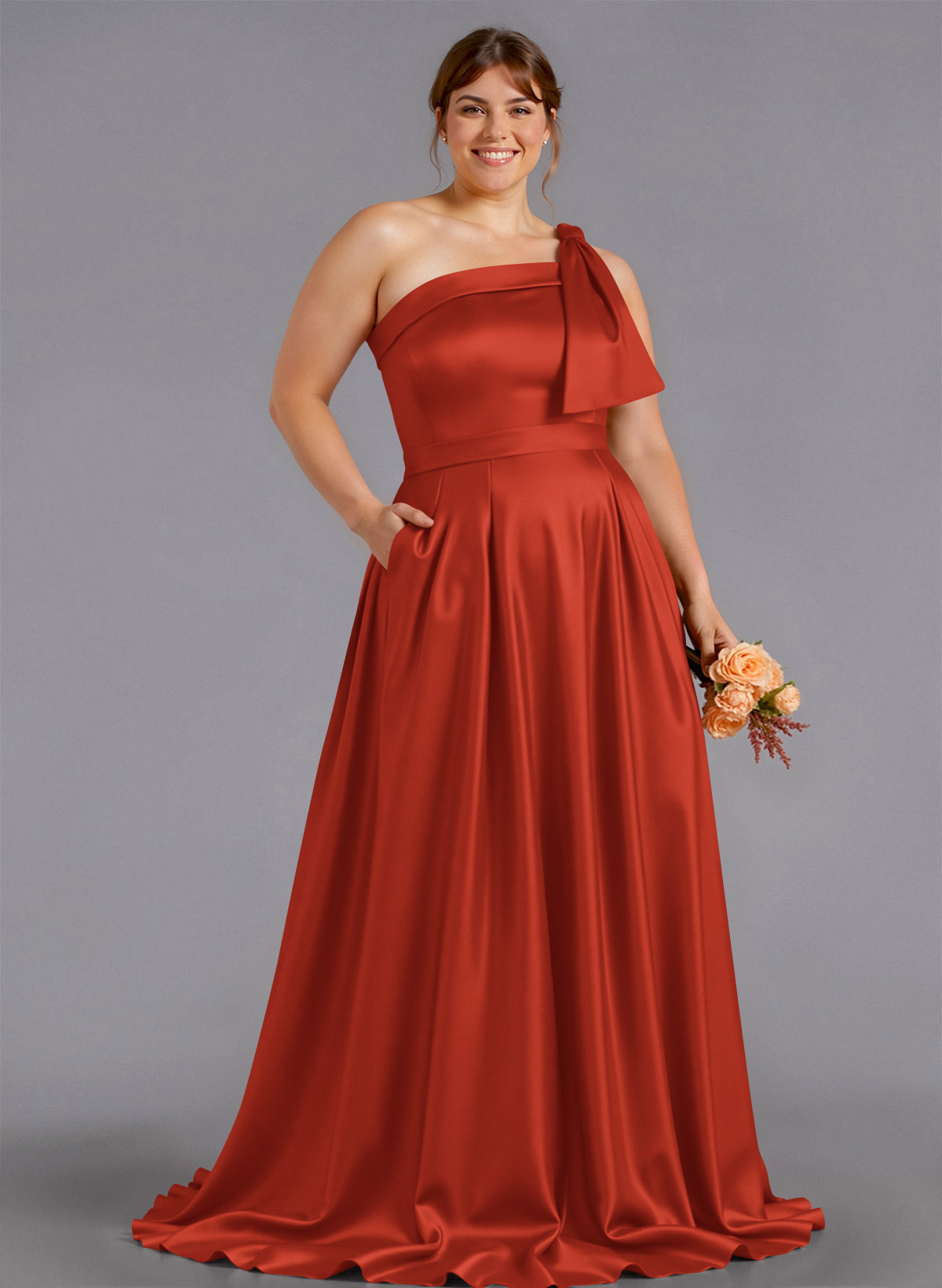 Classy Bow(s) One-Shoulder A-Line Sweep Train Satin Bridesmaid Dresses With Pockets, product image 238