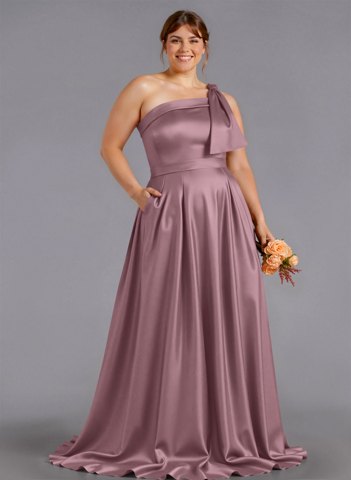 Classy Bow(s) One-Shoulder A-Line Sweep Train Satin Bridesmaid Dresses With Pockets, product image 216