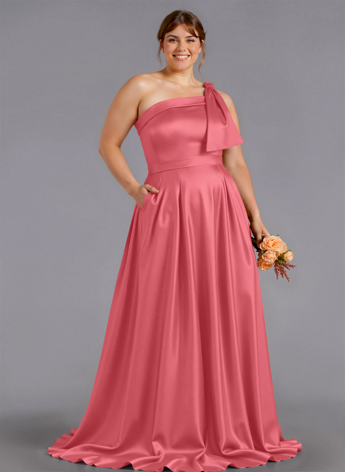 Classy Bow(s) One-Shoulder A-Line Sweep Train Satin Bridesmaid Dresses With Pockets, product image 236