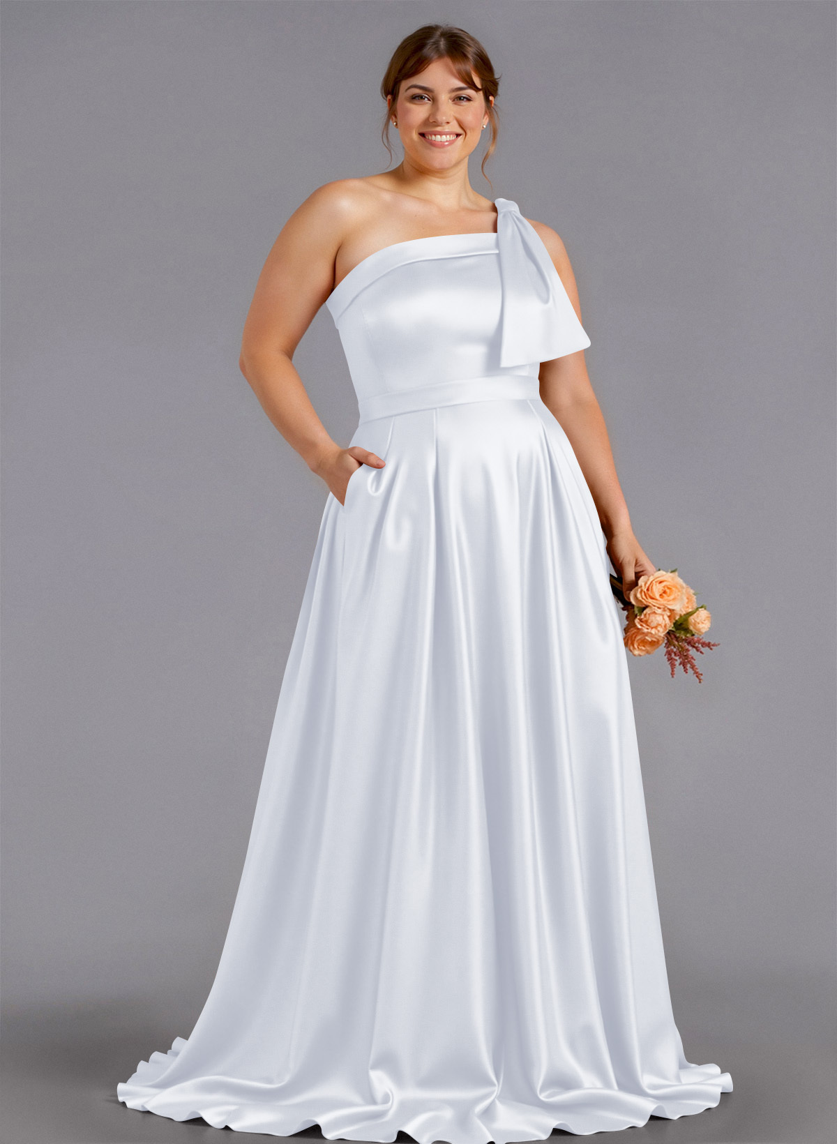 Classy Bow(s) One-Shoulder A-Line Sweep Train Satin Bridesmaid Dresses With Pockets, product image 166