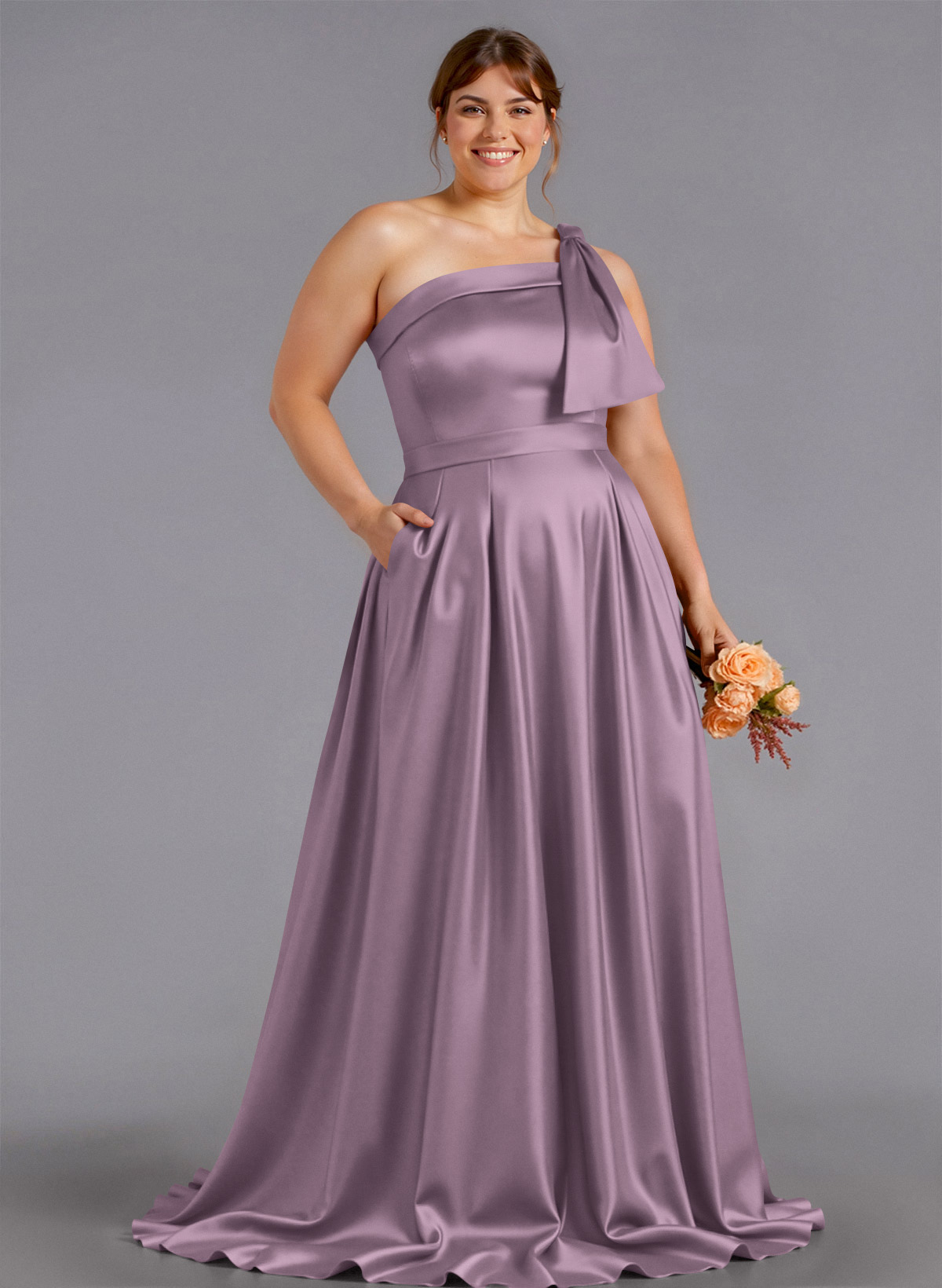Classy Bow(s) One-Shoulder A-Line Sweep Train Satin Bridesmaid Dresses With Pockets, product image 218