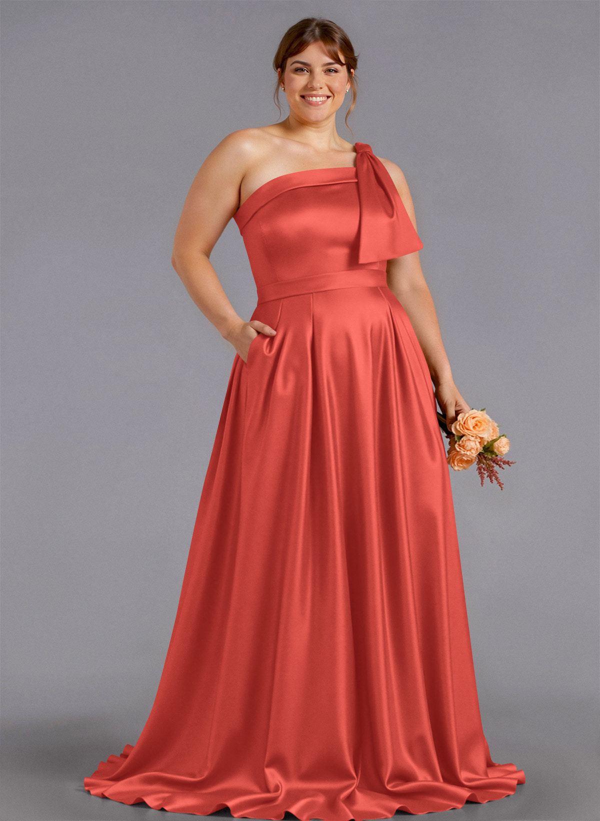 Classy Bow(s) One-Shoulder A-Line Sweep Train Satin Bridesmaid Dresses With Pockets, product image 172