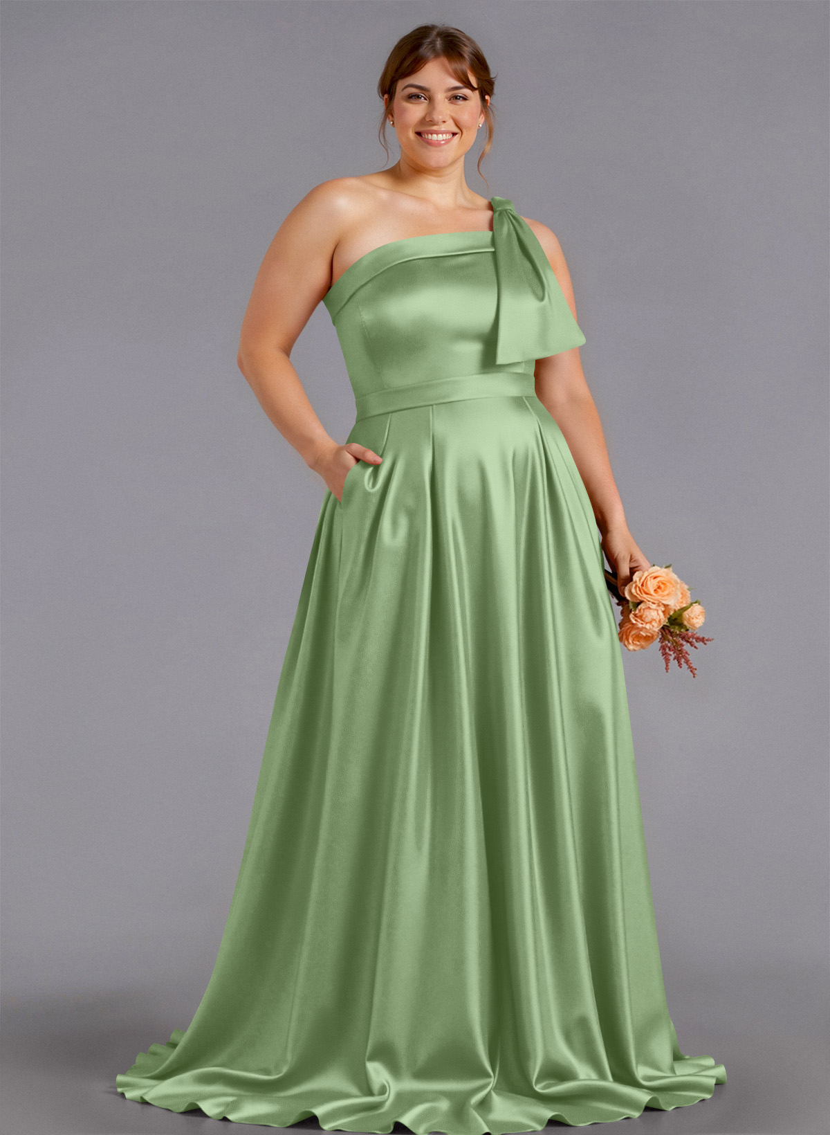 Classy Bow(s) One-Shoulder A-Line Sweep Train Satin Bridesmaid Dresses With Pockets, product image 190