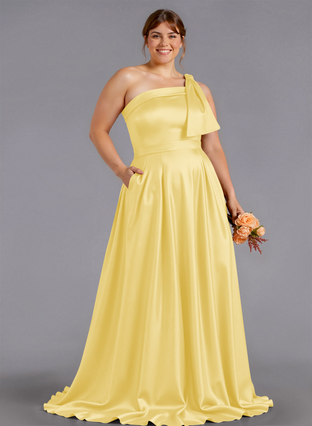 Classy Bow(s) One-Shoulder A-Line Sweep Train Satin Bridesmaid Dresses With Pockets, product image 178