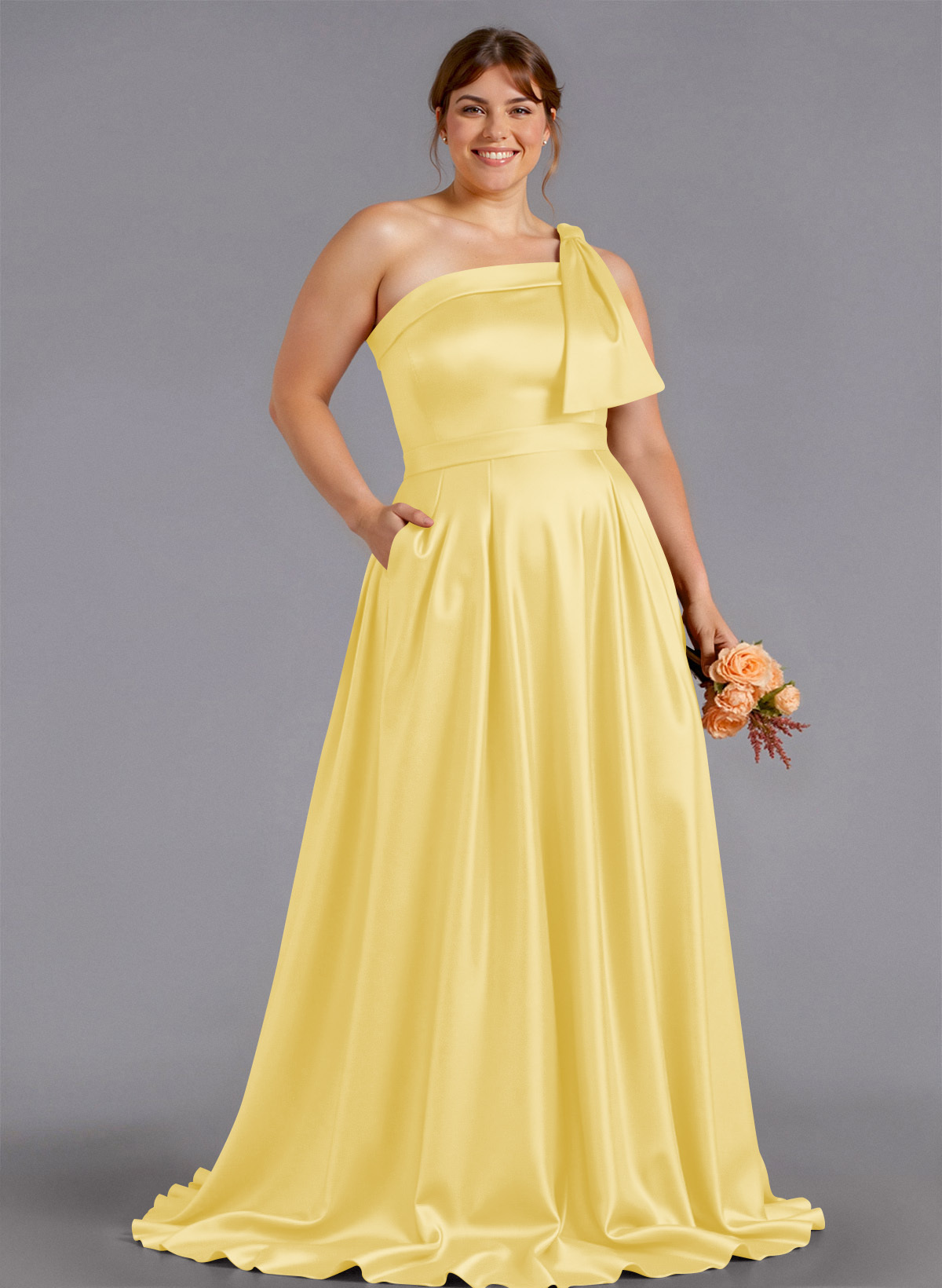 Classy Bow(s) One-Shoulder A-Line Sweep Train Satin Bridesmaid Dresses With Pockets, product image 178