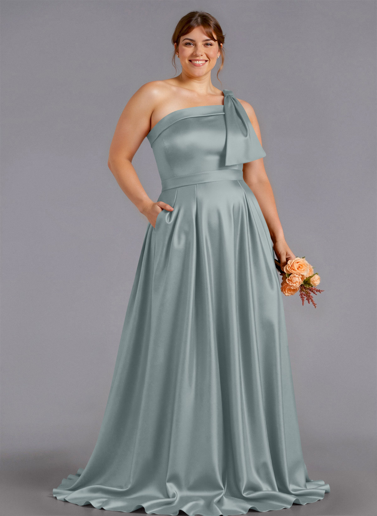 Classy Bow(s) One-Shoulder A-Line Sweep Train Satin Bridesmaid Dresses With Pockets, product image 268