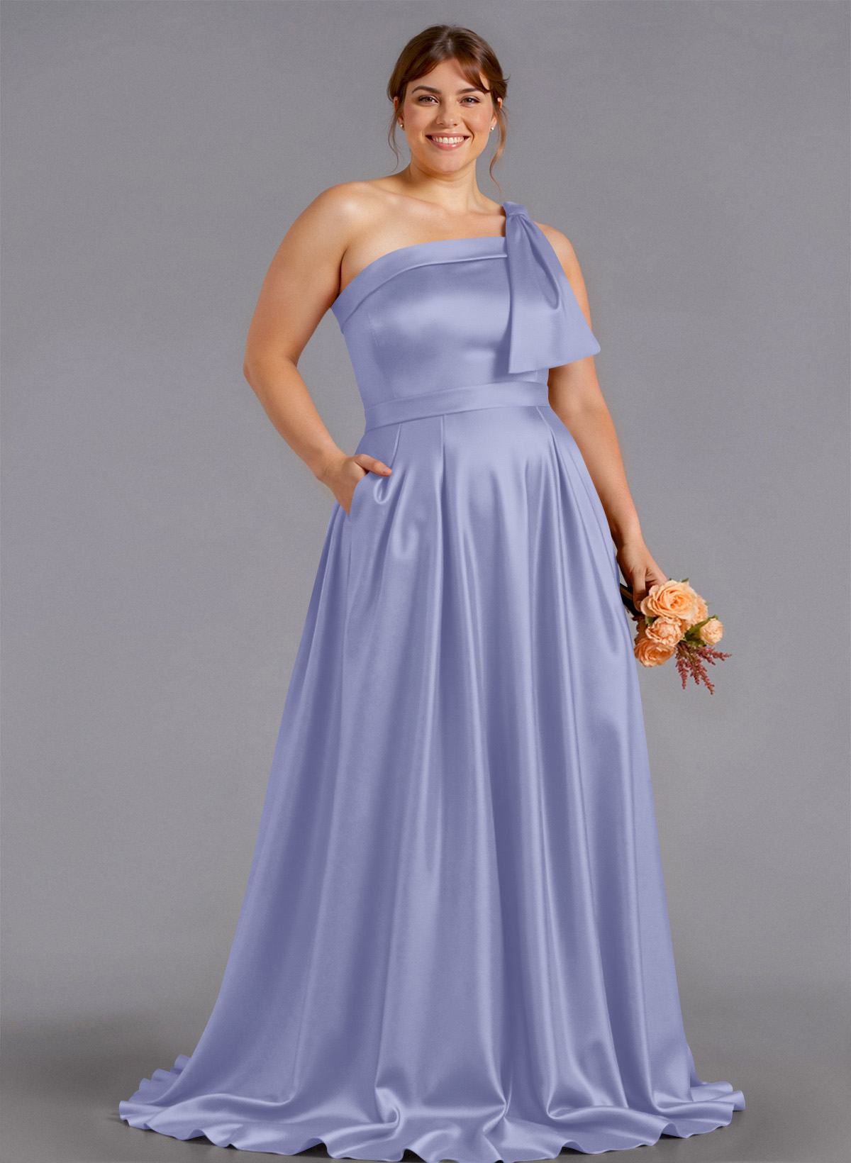 Classy Bow(s) One-Shoulder A-Line Sweep Train Satin Bridesmaid Dresses With Pockets, product image 210