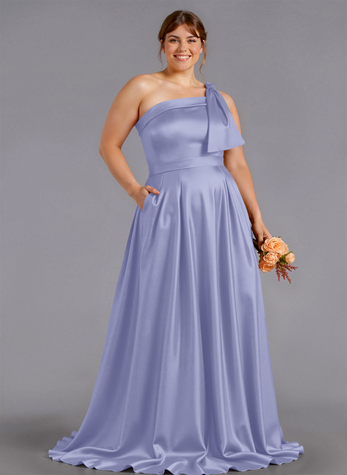 Classy Bow(s) One-Shoulder A-Line Sweep Train Satin Bridesmaid Dresses With Pockets, product image 210