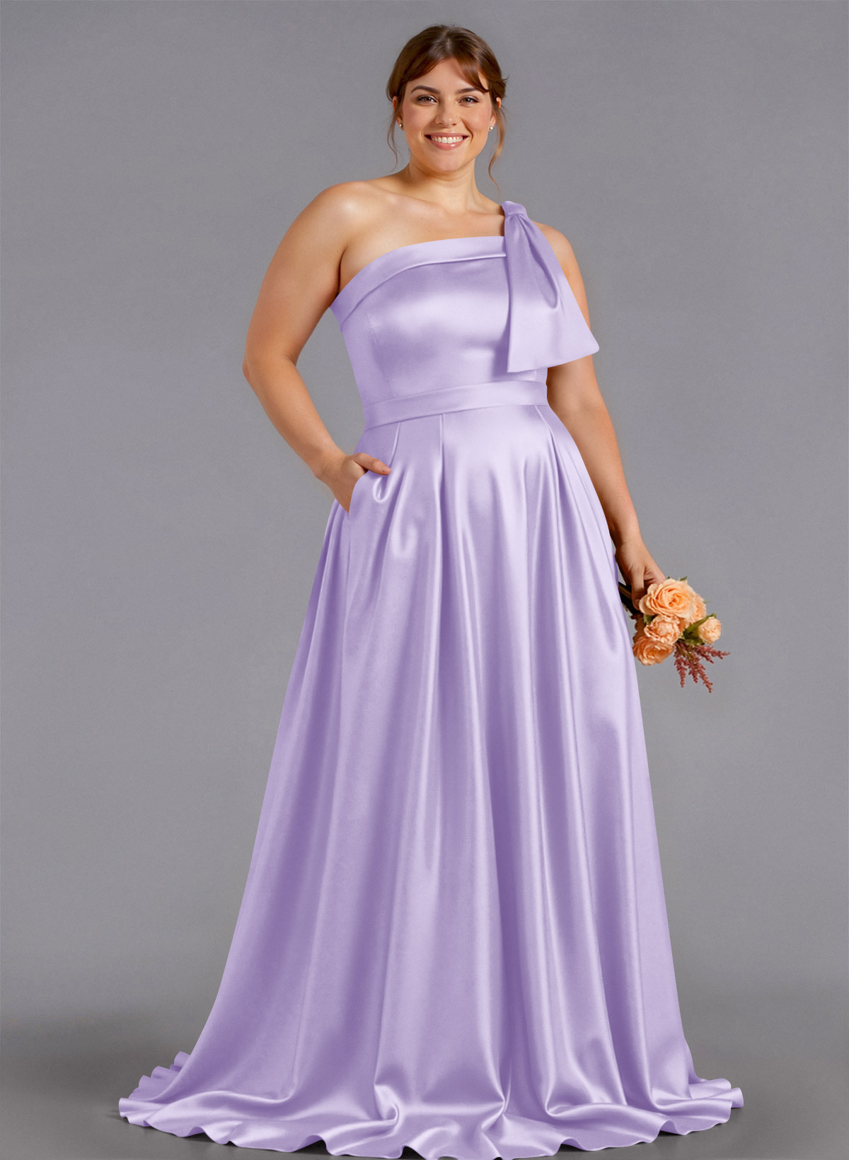Classy Bow(s) One-Shoulder A-Line Sweep Train Satin Bridesmaid Dresses With Pockets, product image 212