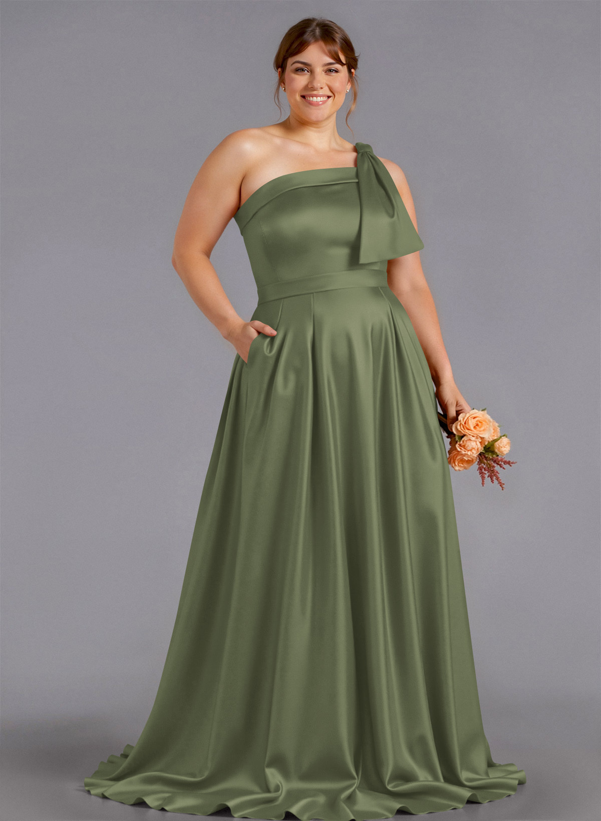 Classy Bow(s) One-Shoulder A-Line Sweep Train Satin Bridesmaid Dresses With Pockets, product image 154
