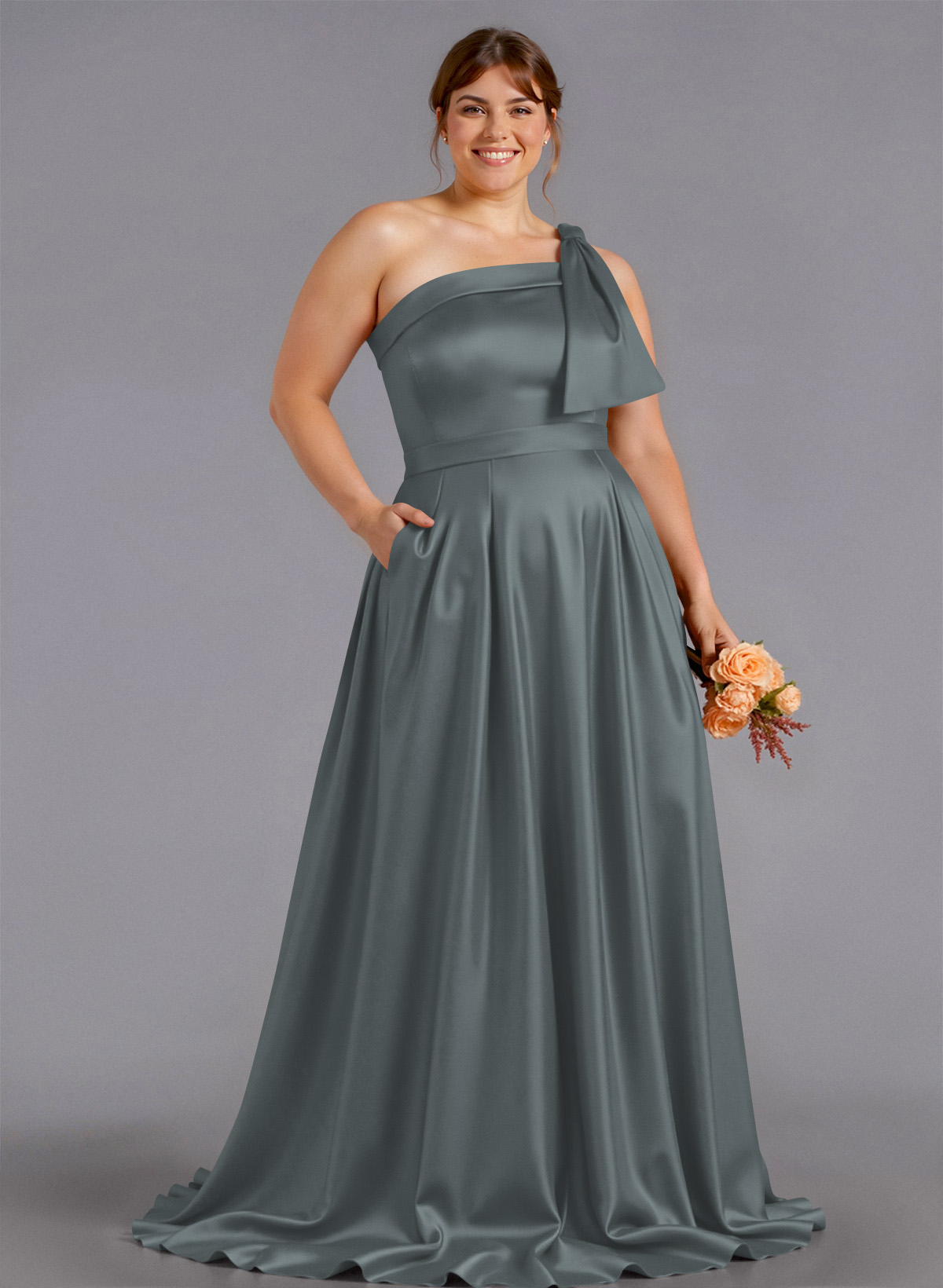 Classy Bow(s) One-Shoulder A-Line Sweep Train Satin Bridesmaid Dresses With Pockets, product image 162