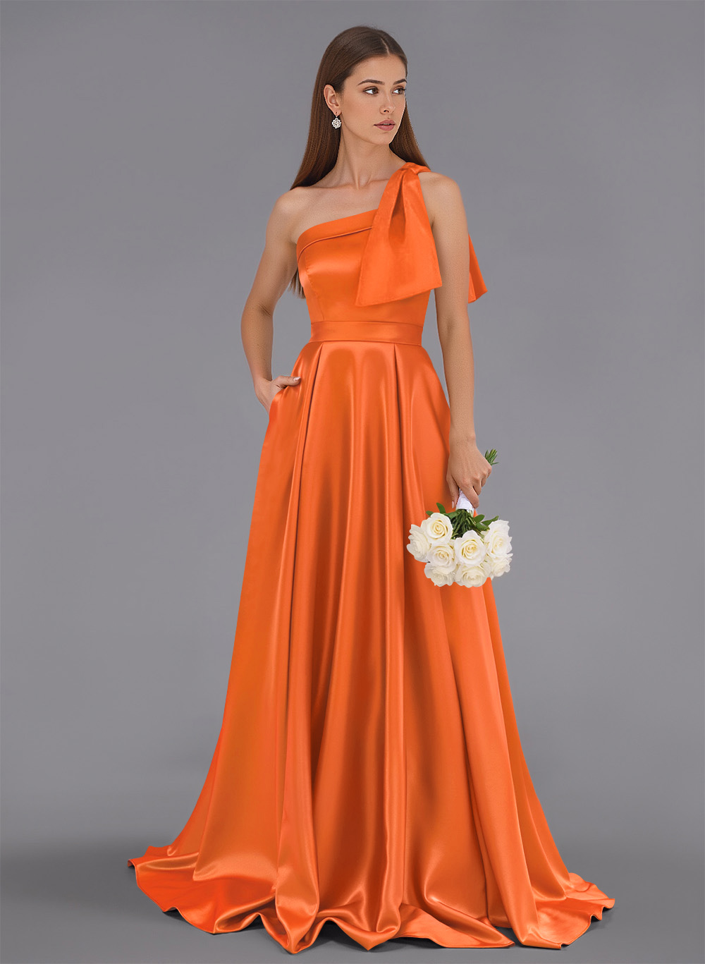 Classy Bow(s) One-Shoulder A-Line Sweep Train Satin Bridesmaid Dresses With Pockets, product image 1