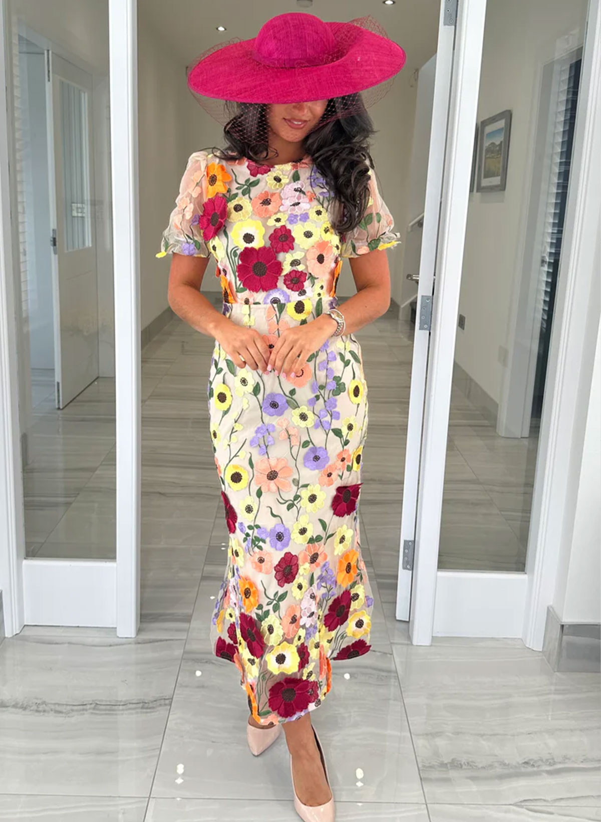 Sheath/Column Scoop Neck Short Sleeves Ankle-Length Evening Dresses With Appliques Lace/Flower(s) in As Picture, US2