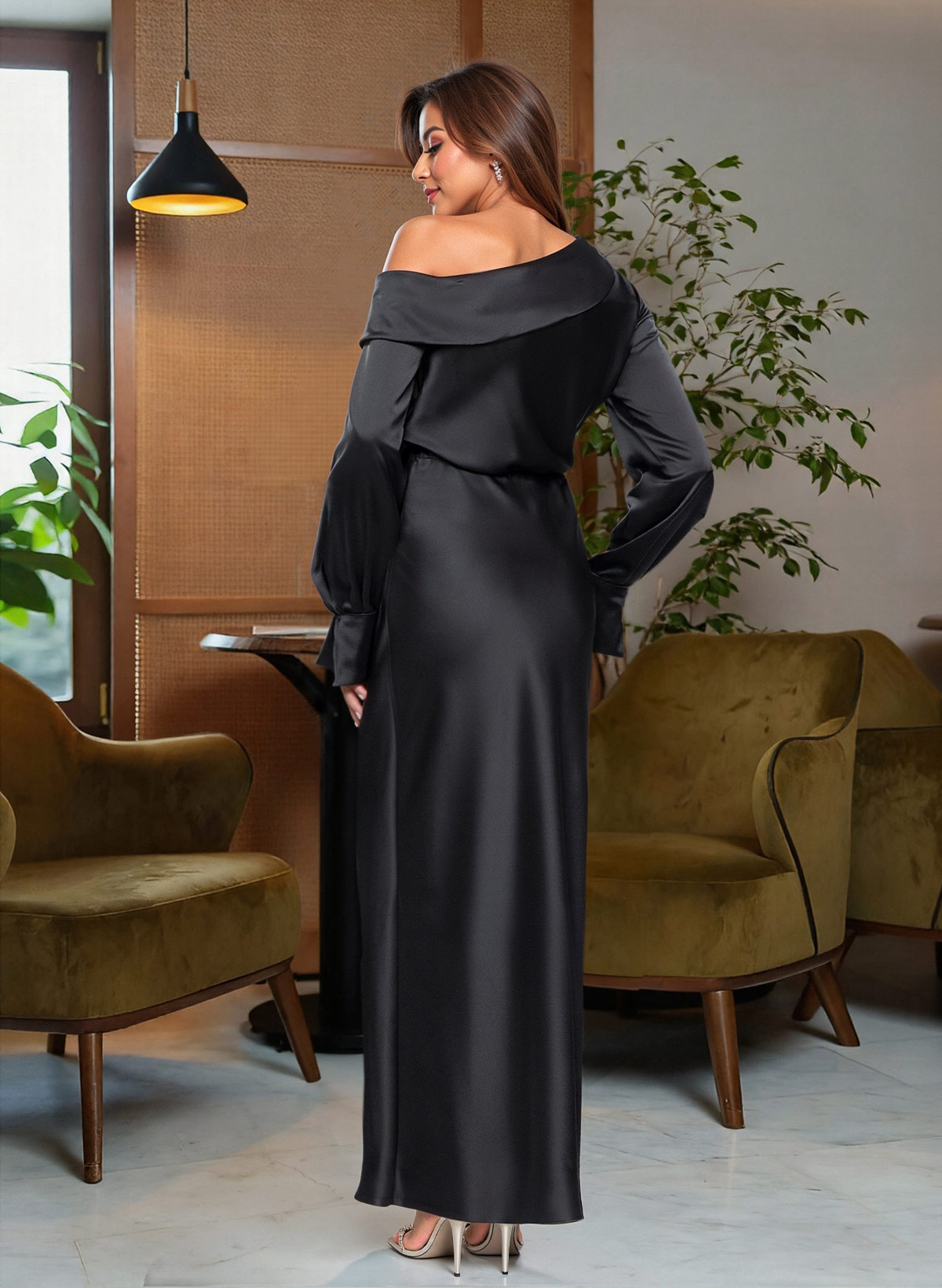 A-Line Long Sleeves Floor-Length Crepe Chiffon Evening Dresses With Cascading Ruffles/High Split, supplier image 2