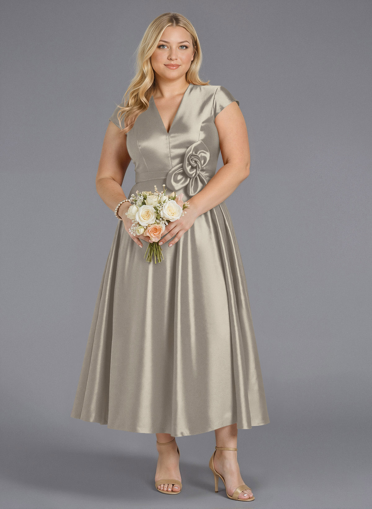 Classic V-Neck Short Sleeves Flower(s) A-Line Ankle-Length Satin Bridesmaid Dresses With Pockets, product image 156