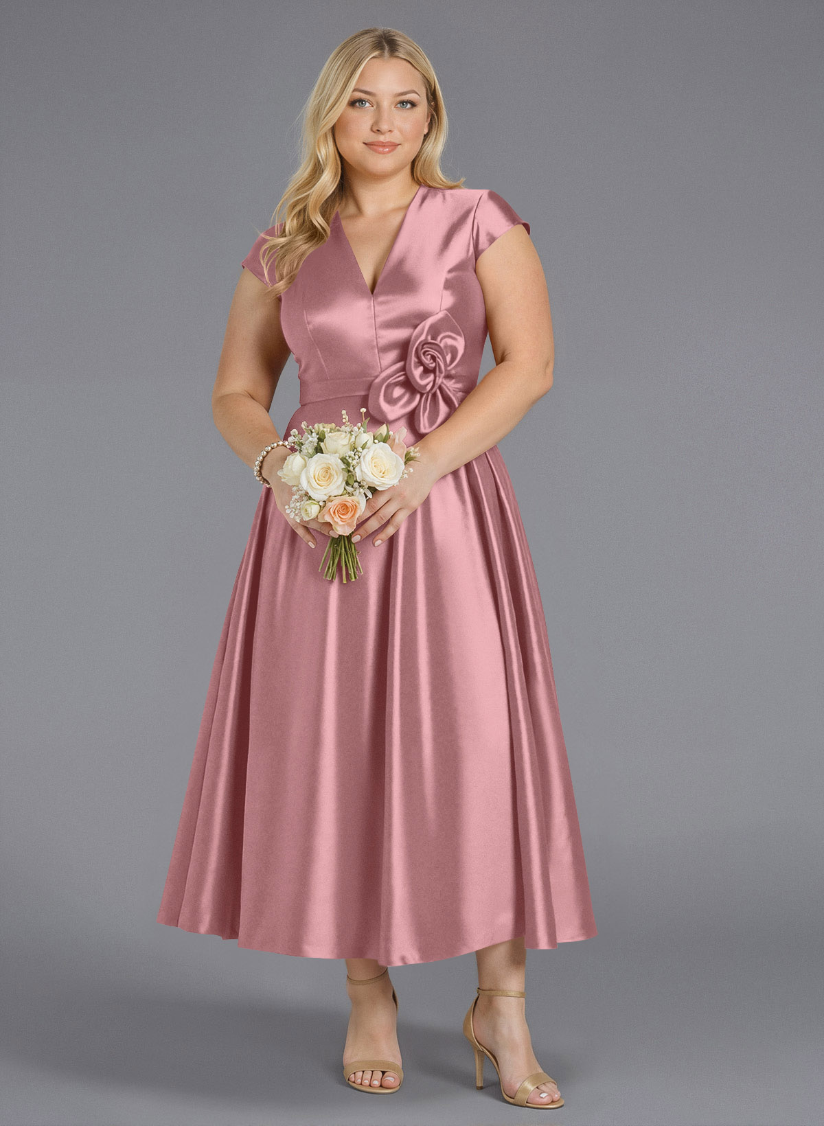 Classic V-Neck Short Sleeves Flower(s) A-Line Ankle-Length Satin Bridesmaid Dresses With Pockets, product image 234