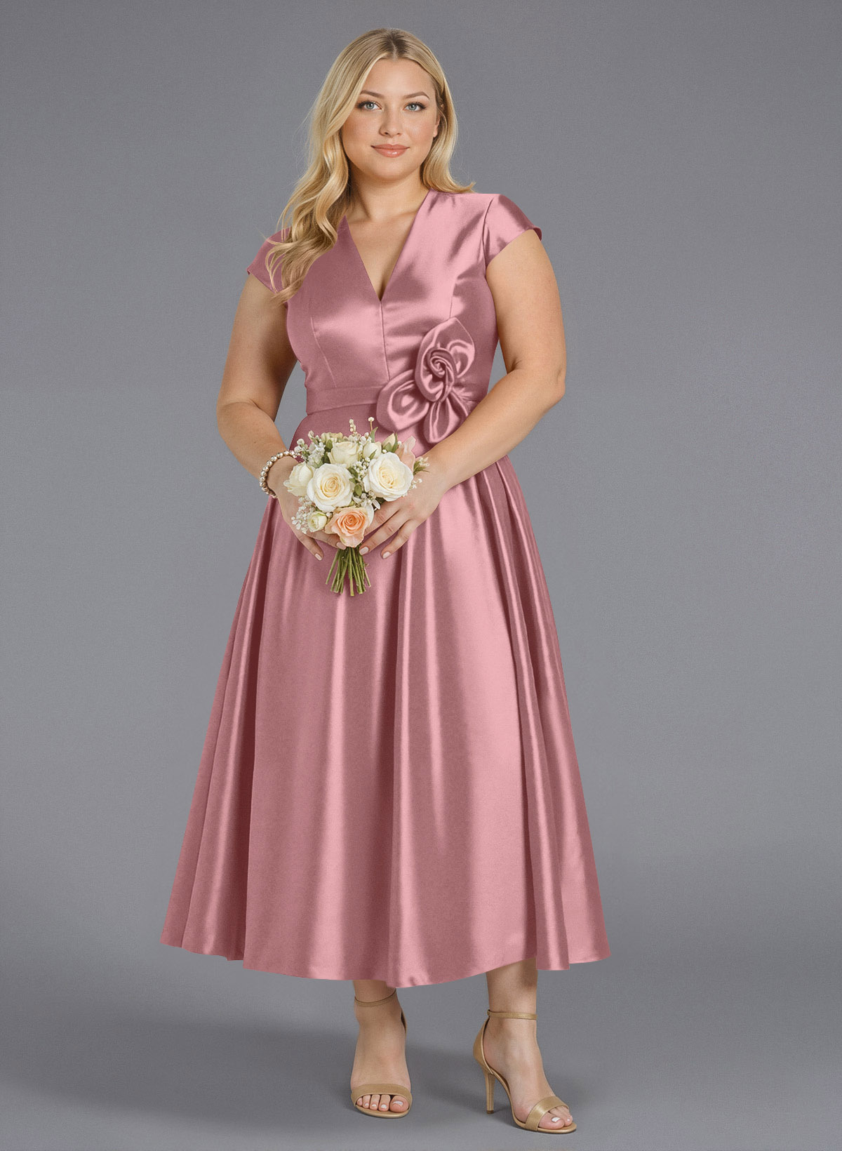Classic V-Neck Short Sleeves Flower(s) A-Line Ankle-Length Satin Bridesmaid Dresses With Pockets, product image 234