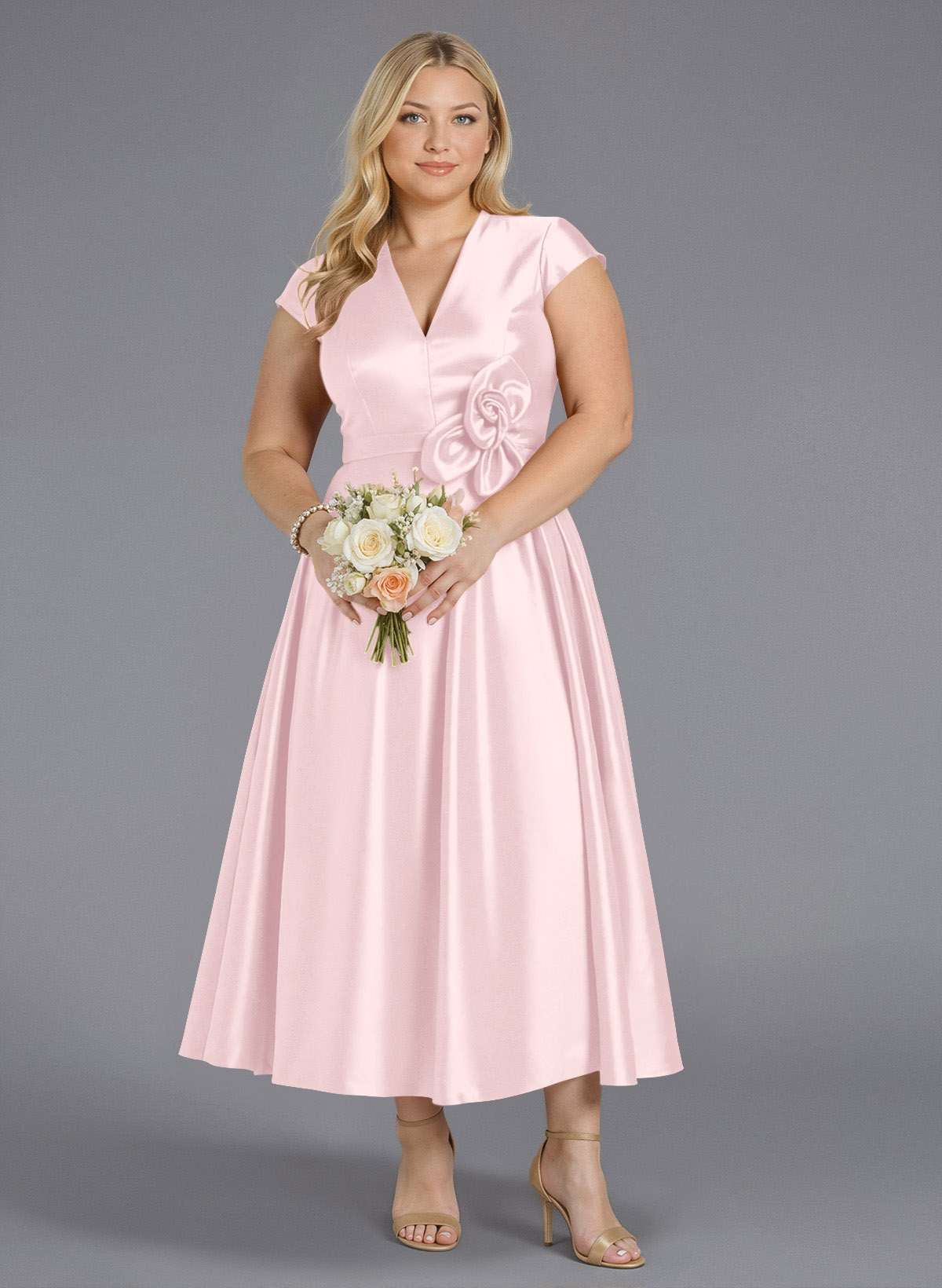 Classic V-Neck Short Sleeves Flower(s) A-Line Ankle-Length Satin Bridesmaid Dresses With Pockets, product image 228