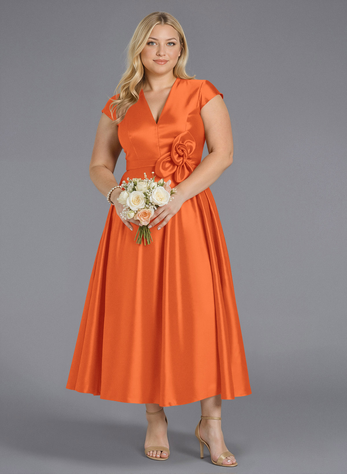 Classic V-Neck Short Sleeves Flower(s) A-Line Ankle-Length Satin Bridesmaid Dresses With Pockets, product image 142