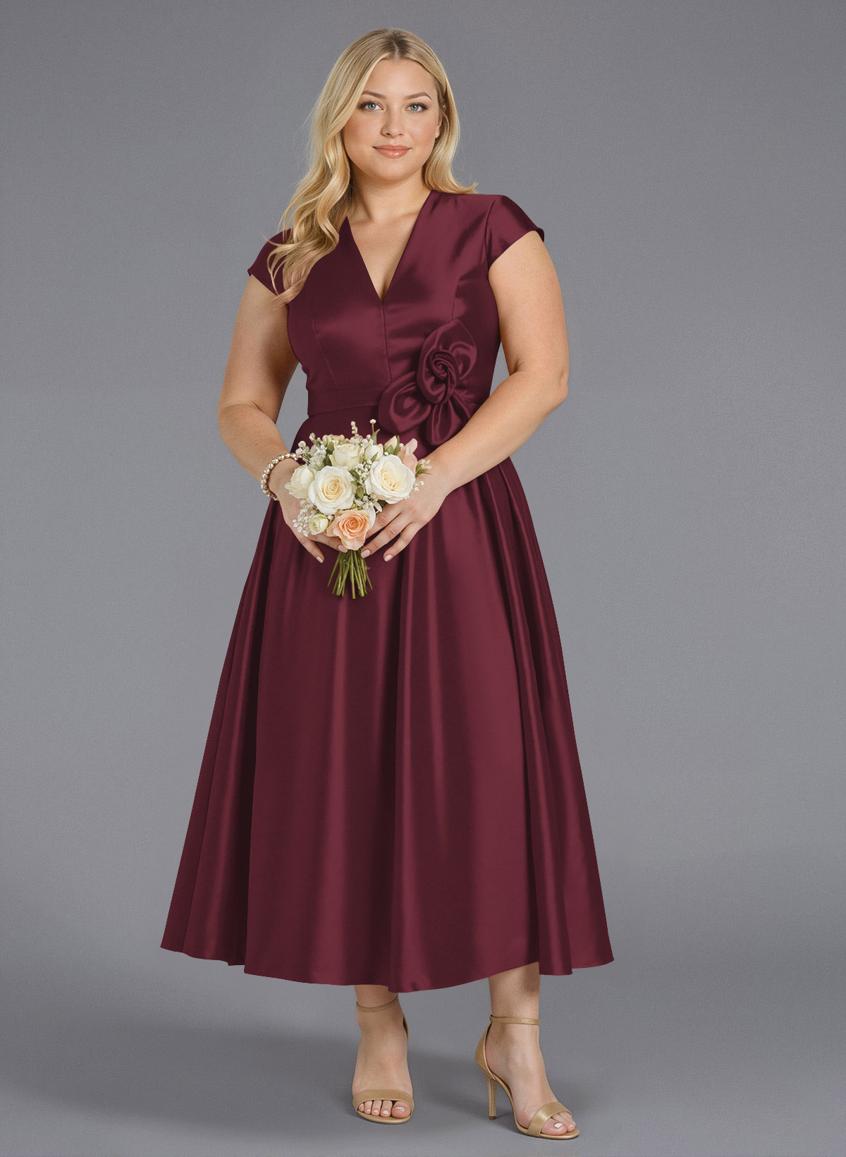 Classic V-Neck Short Sleeves Flower(s) A-Line Ankle-Length Satin Bridesmaid Dresses With Pockets, product image 252