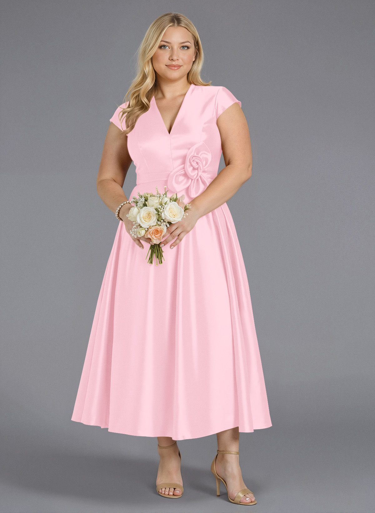 Classic V-Neck Short Sleeves Flower(s) A-Line Ankle-Length Satin Bridesmaid Dresses With Pockets, product image 226