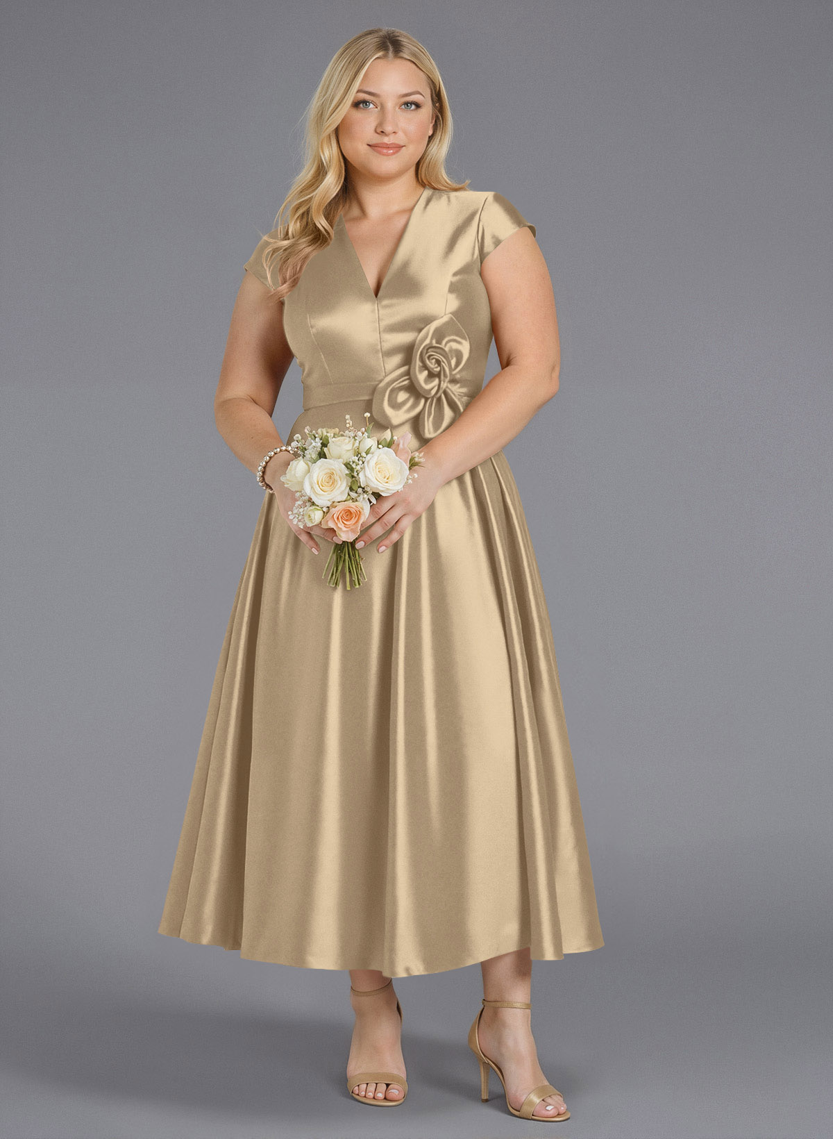 Classic V-Neck Short Sleeves Flower(s) A-Line Ankle-Length Satin Bridesmaid Dresses With Pockets, product image 186