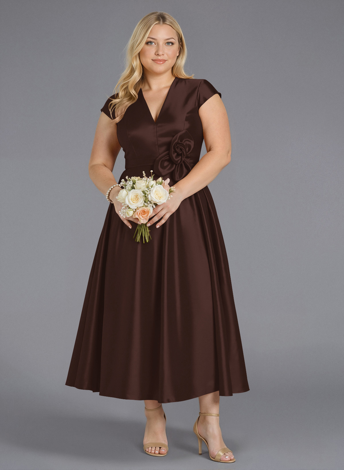 Classic V-Neck Short Sleeves Flower(s) A-Line Ankle-Length Satin Bridesmaid Dresses With Pockets, product image 174