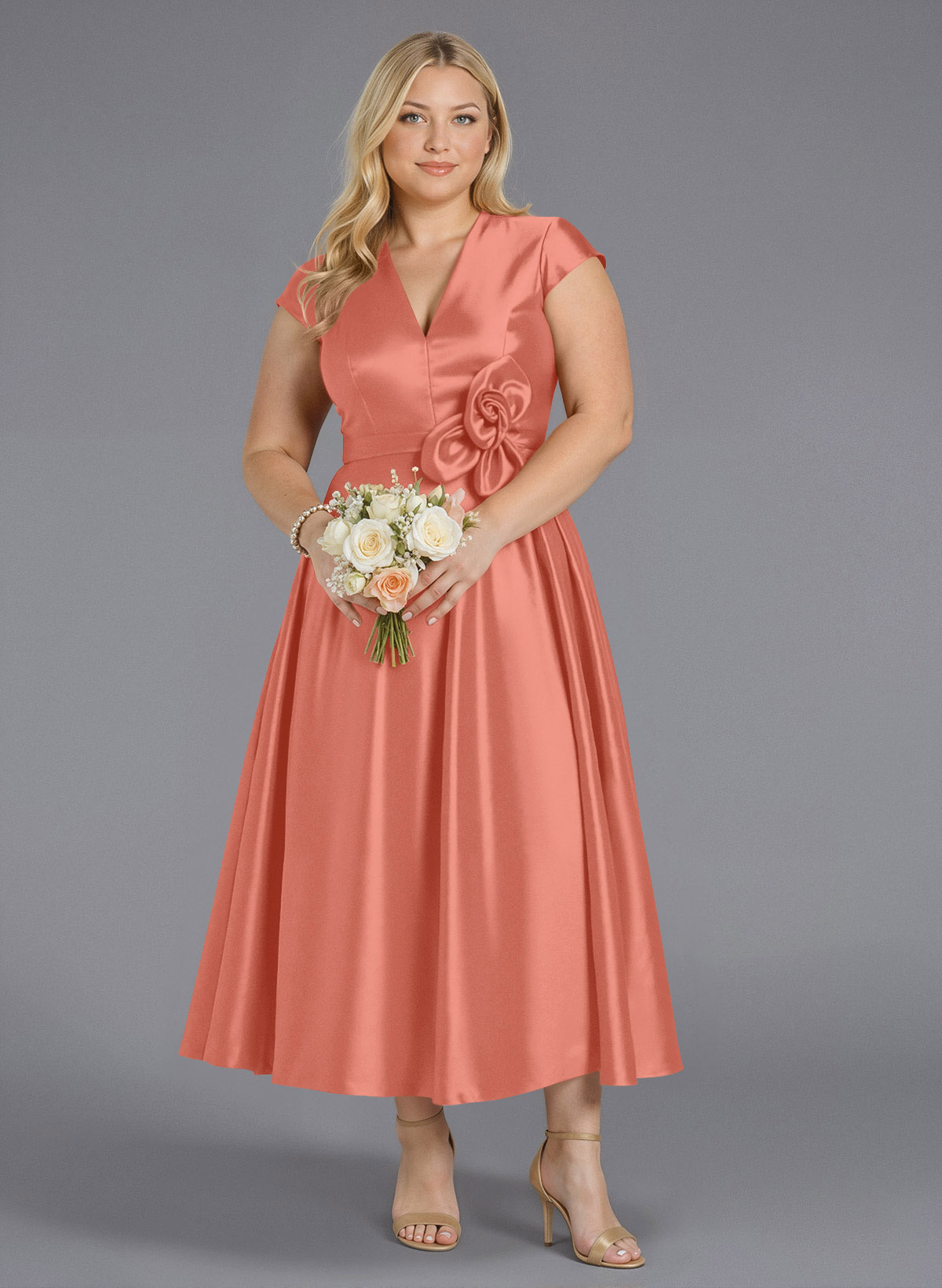 Classic V-Neck Short Sleeves Flower(s) A-Line Ankle-Length Satin Bridesmaid Dresses With Pockets, product image 230