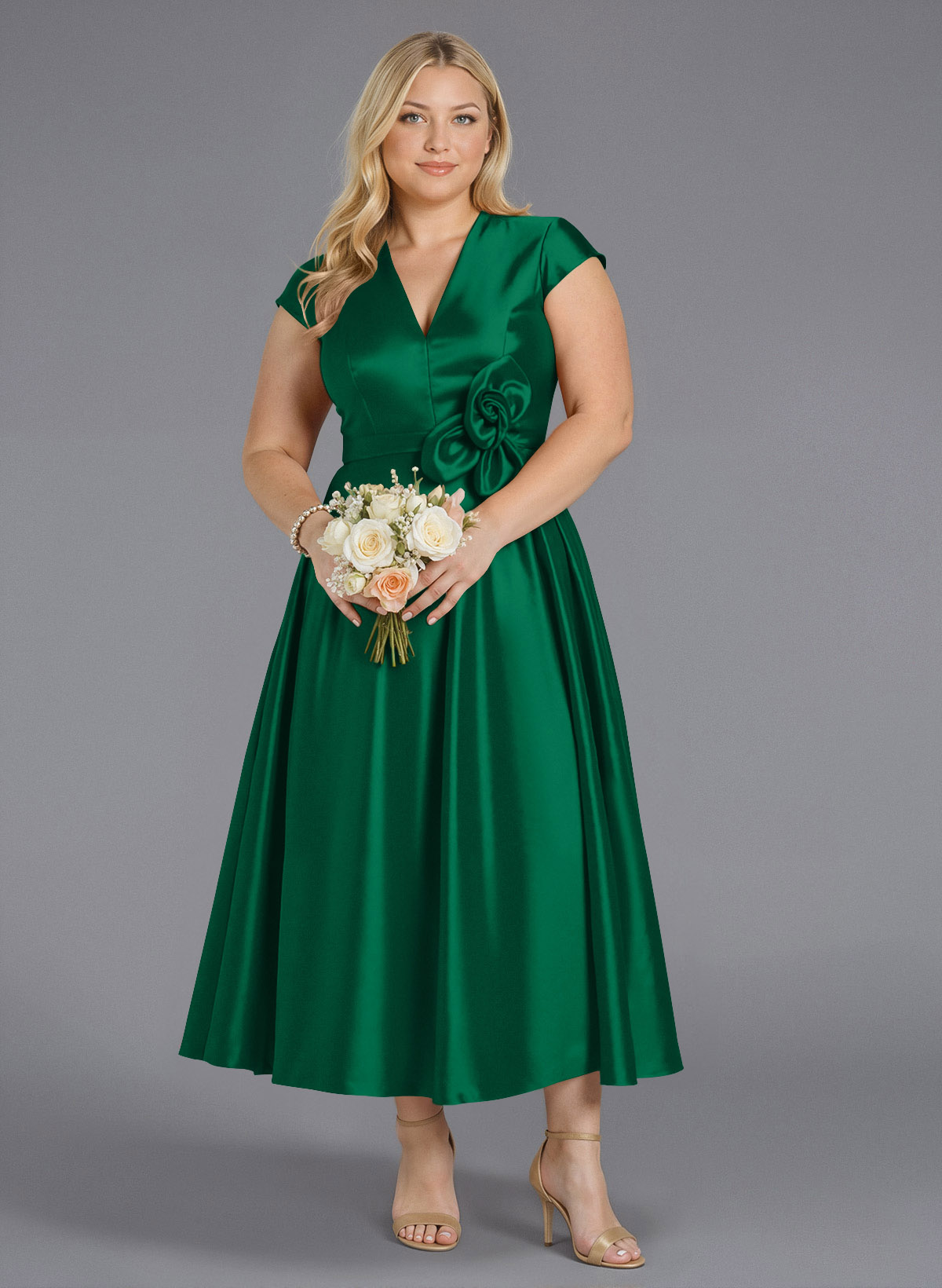 Classic V-Neck Short Sleeves Flower(s) A-Line Ankle-Length Satin Bridesmaid Dresses With Pockets, product image 202