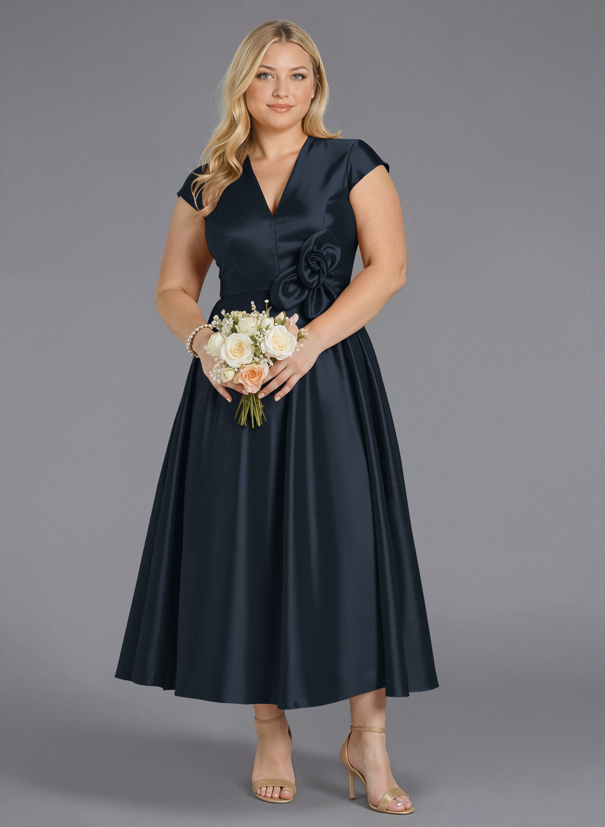 Classic V-Neck Short Sleeves Flower(s) A-Line Ankle-Length Satin Bridesmaid Dresses With Pockets, product image 276